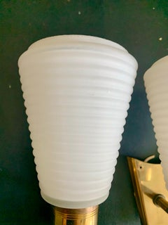 Pair of Vintage 1950's Arlus Style Wall Sconces Brass Opaline