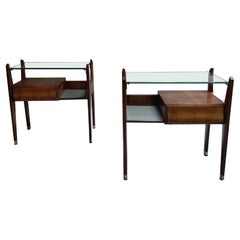 Pair of vintage 1950s bedside tables, glass shelf, drawer and brass foot