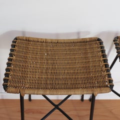 Pair of Vintage 1950s Black Steel and Cane Stools