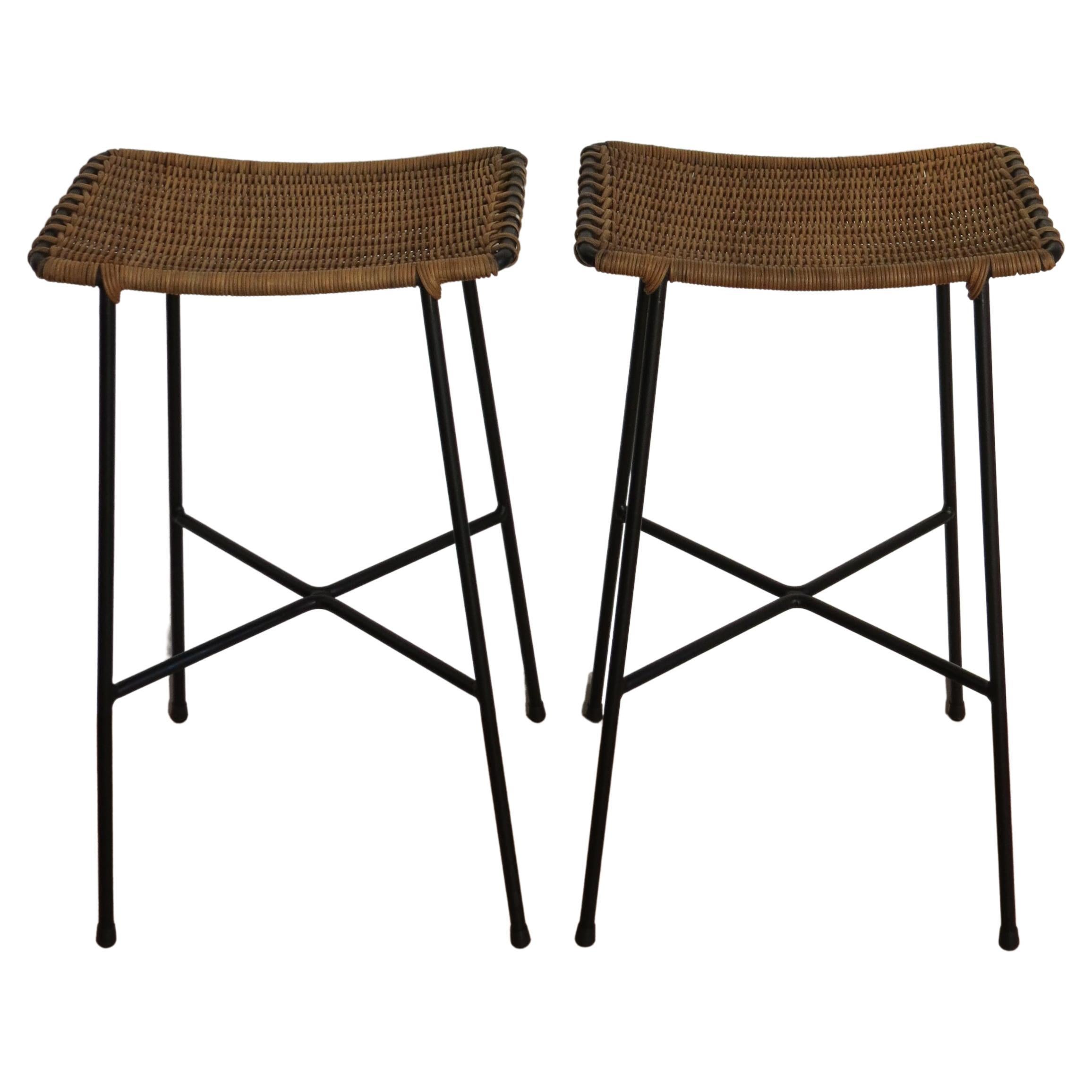 Pair of Vintage 1950s Black Steel and Cane Stools