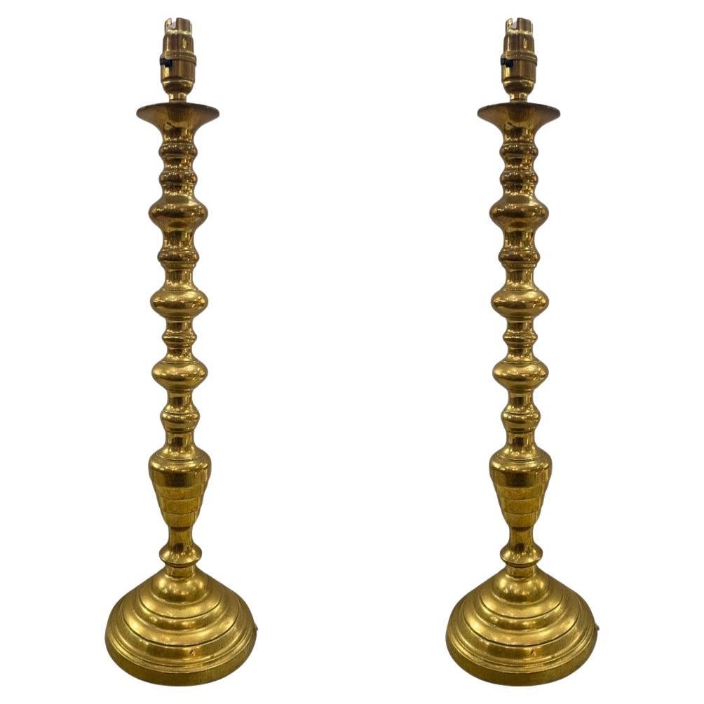 Pair of Vintage 1950's Brass Candlestick Table Lamps For Sale