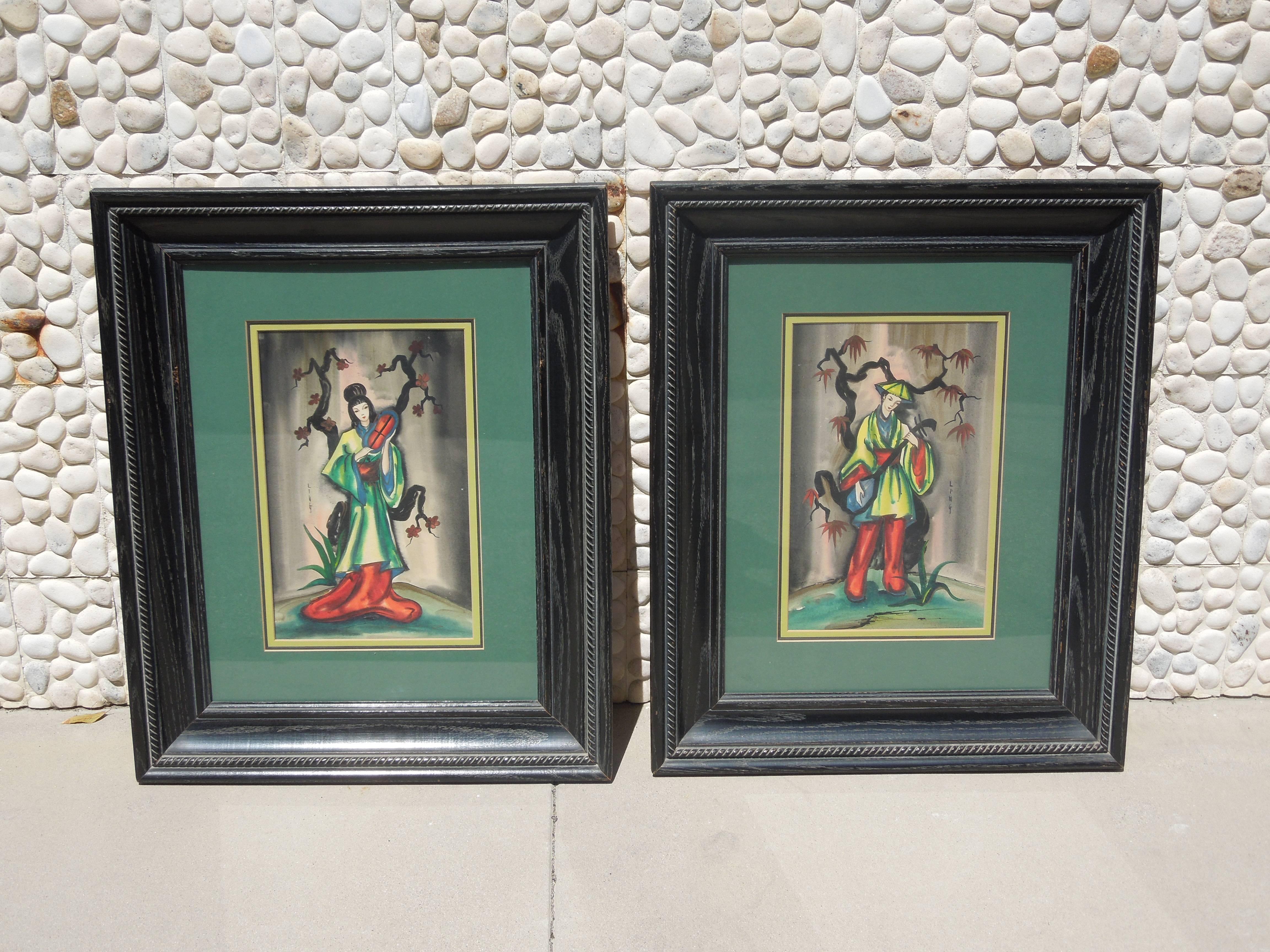 Other Pair of Vintage 1950s Chinoiserie Figure Original Paintings Signed Ling