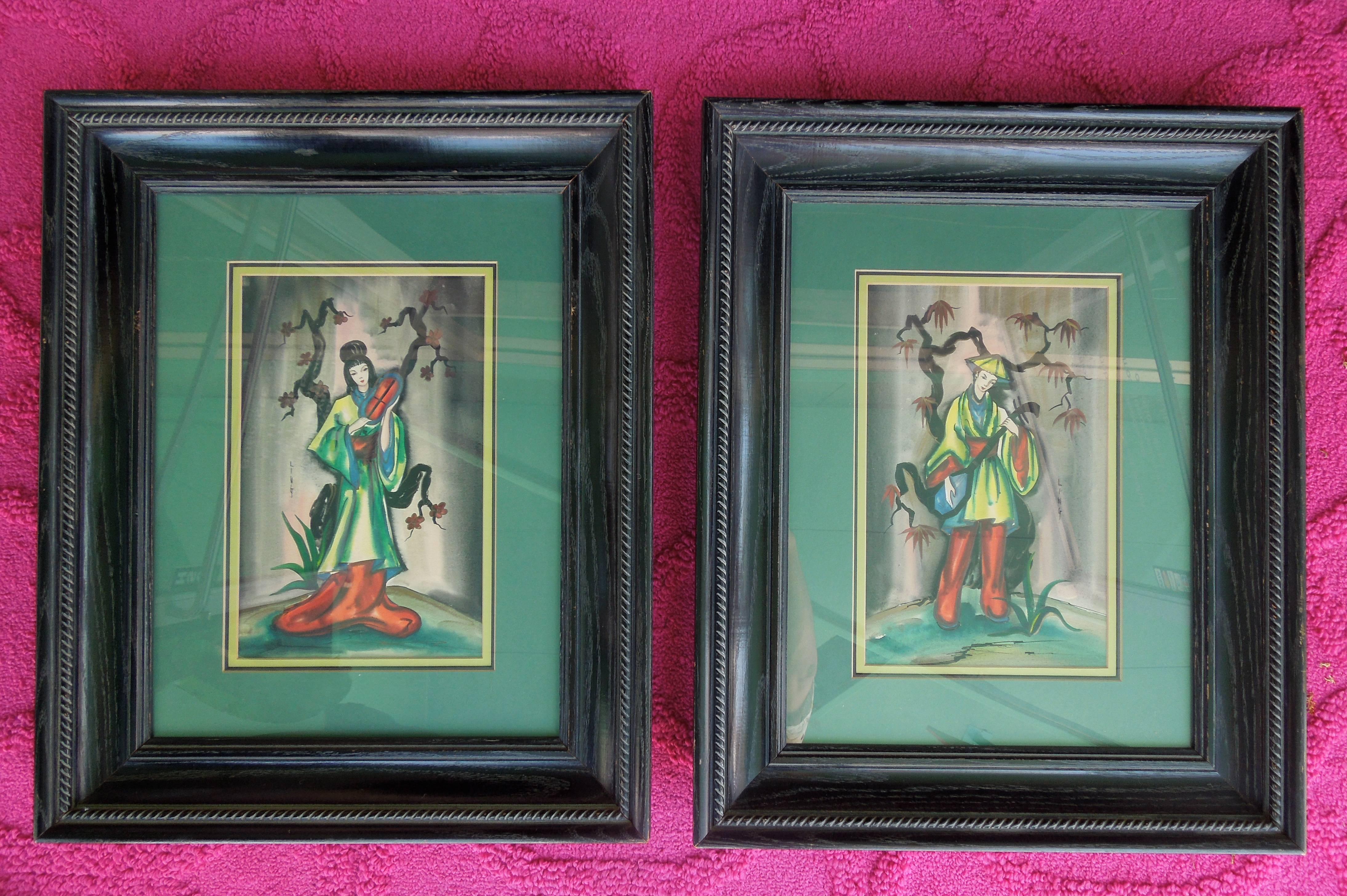 Mid-20th Century Pair of Vintage 1950s Chinoiserie Figure Original Paintings Signed Ling
