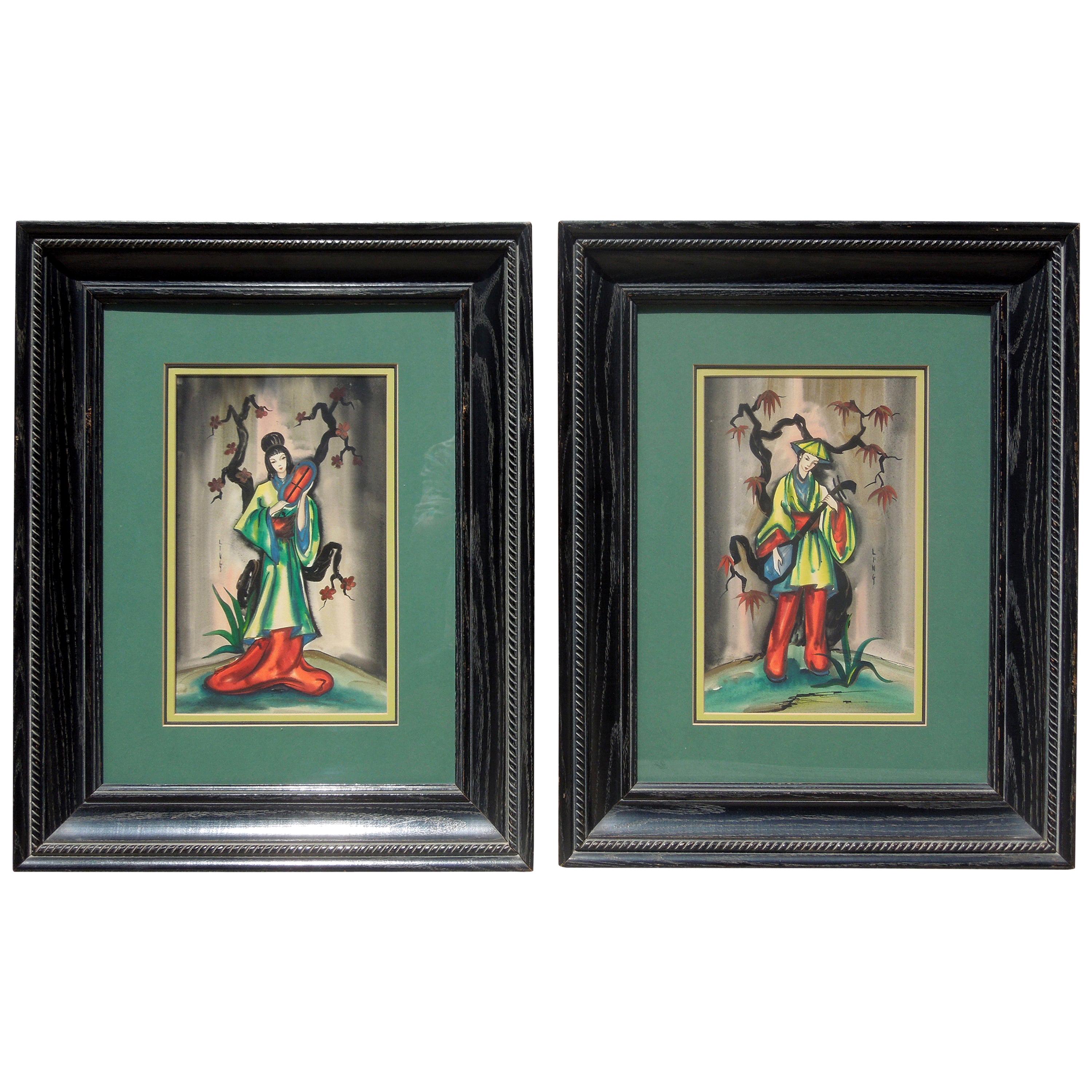 Pair of Vintage 1950s Chinoiserie Figure Original Paintings Signed Ling