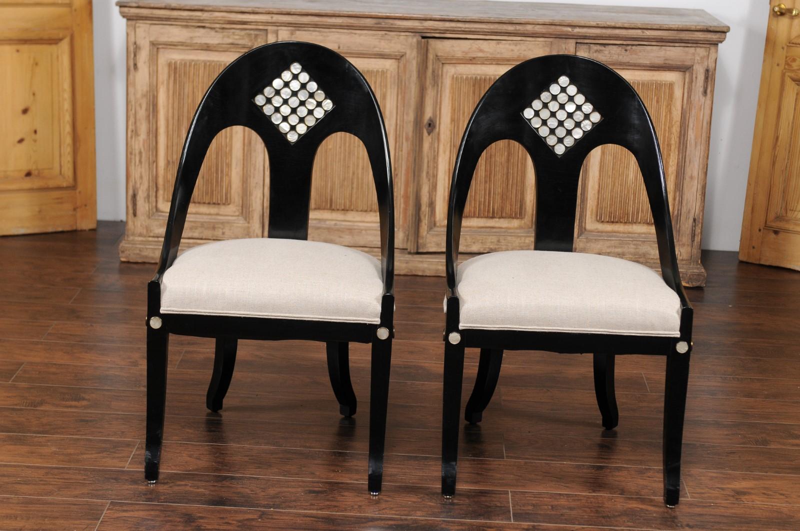 Pair of Vintage 1950s Ebonized Wood Spoon Back Chairs with Mother-of-pearl Inlay 5