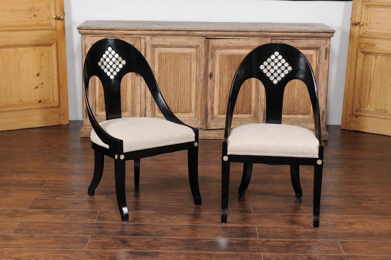 Mid-Century Modern Pair of Vintage 1950s Ebonized Wood Spoon Back Chairs with Mother-of-pearl Inlay