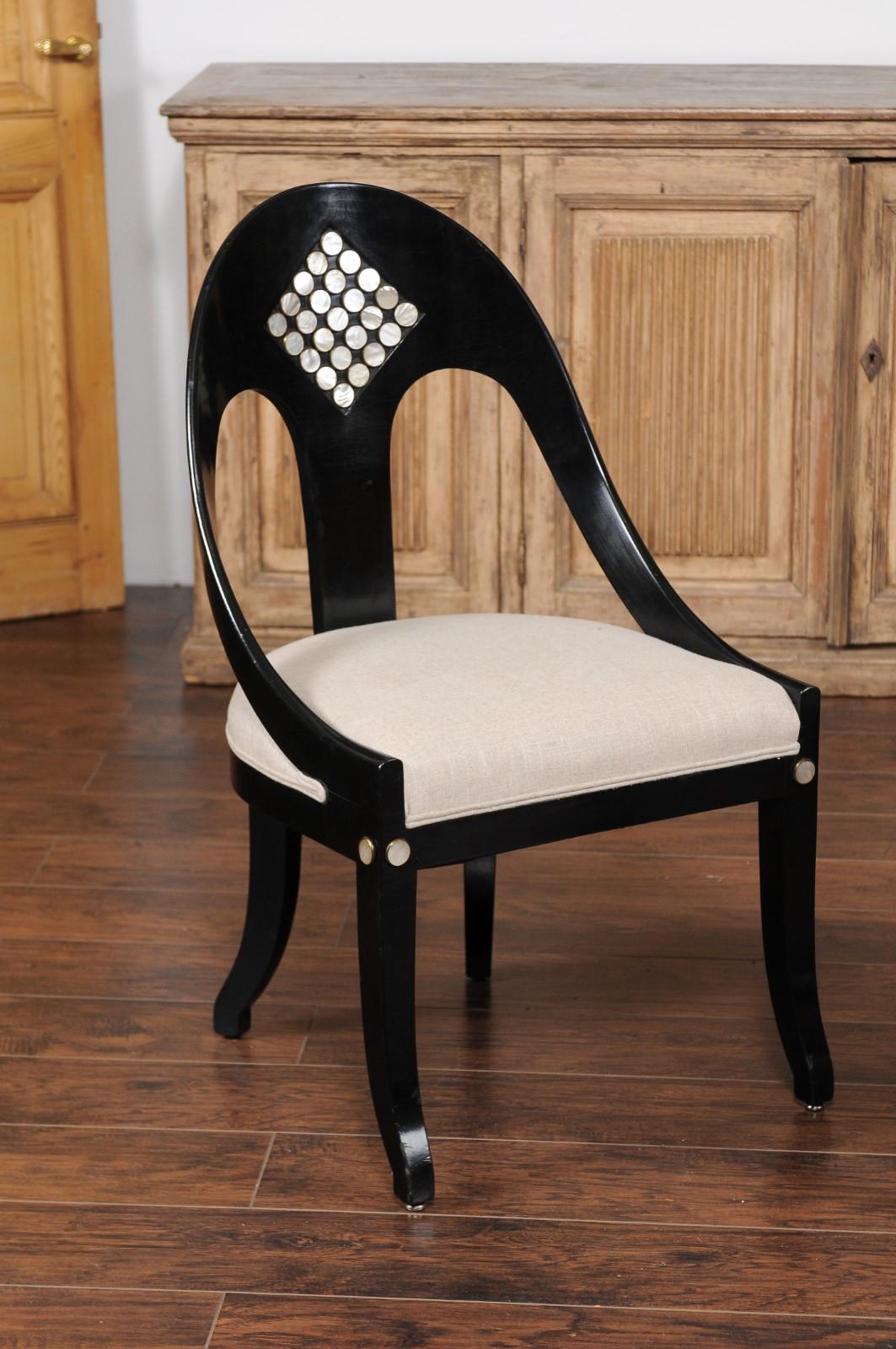 American Pair of Vintage 1950s Ebonized Wood Spoon Back Chairs with Mother-of-pearl Inlay
