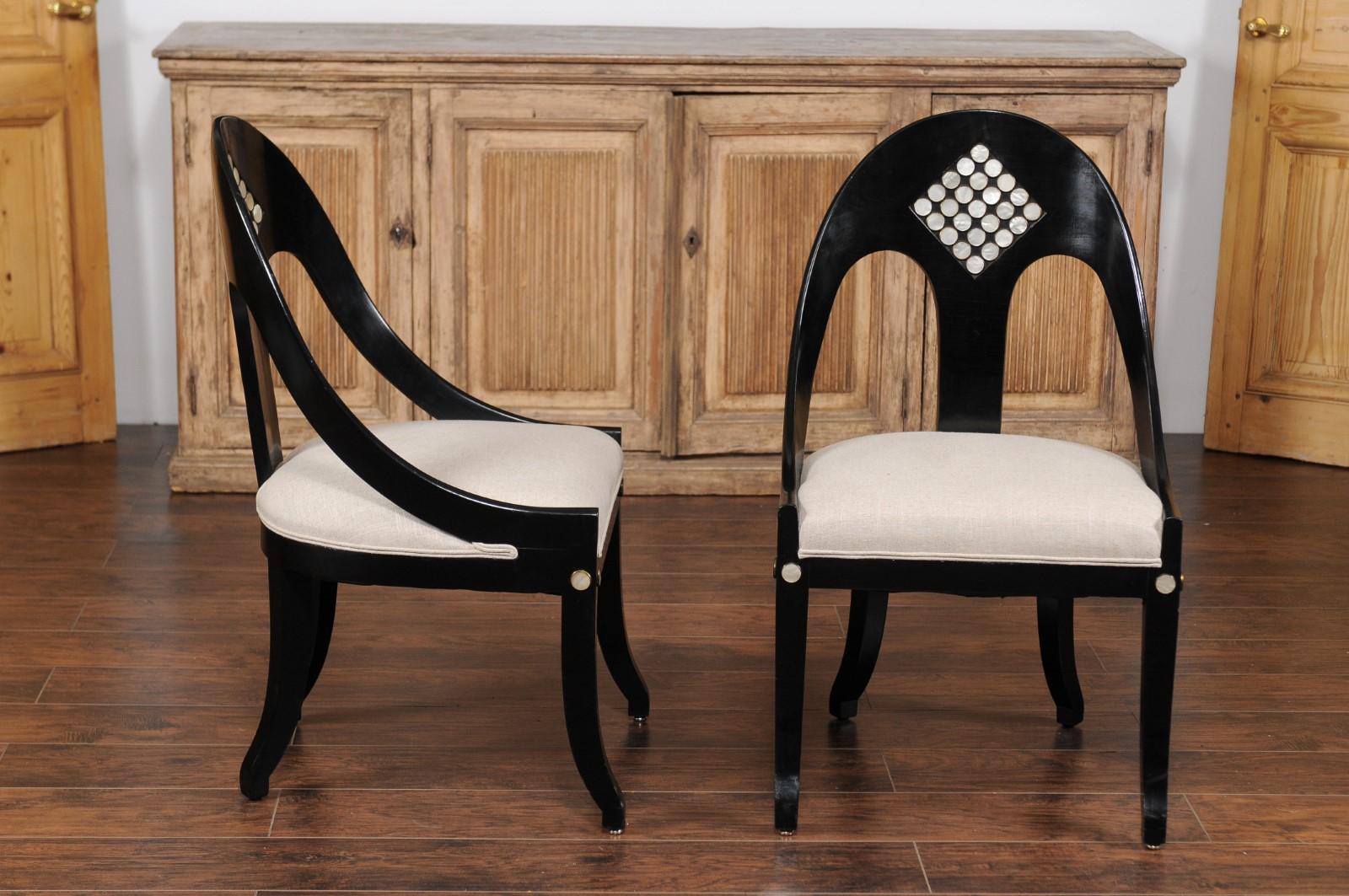 Pair of Vintage 1950s Ebonized Wood Spoon Back Chairs with Mother-of-pearl Inlay In Good Condition In Atlanta, GA