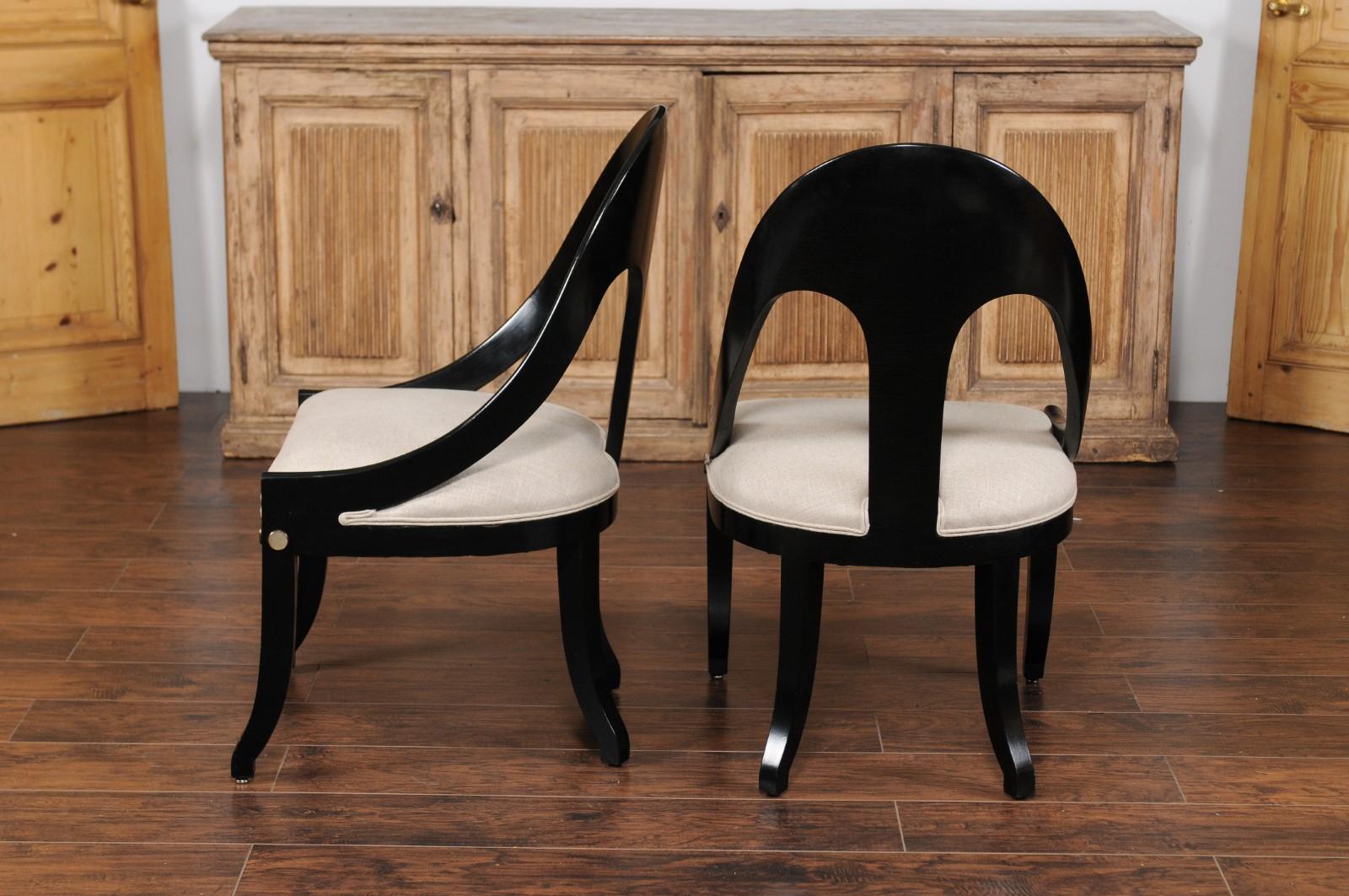 Mother-of-Pearl Pair of Vintage 1950s Ebonized Wood Spoon Back Chairs with Mother-of-pearl Inlay