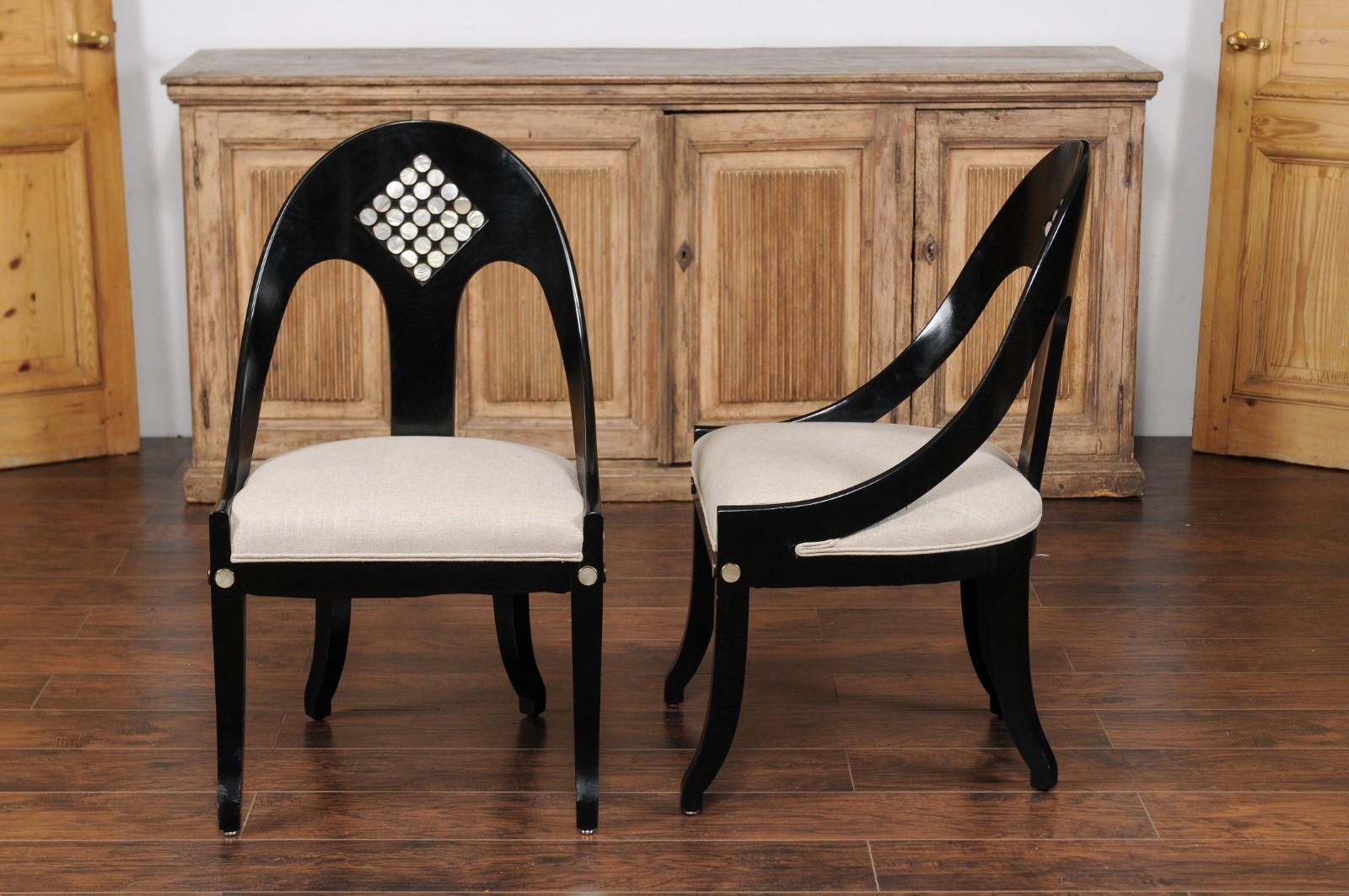 Pair of Vintage 1950s Ebonized Wood Spoon Back Chairs with Mother-of-pearl Inlay 1