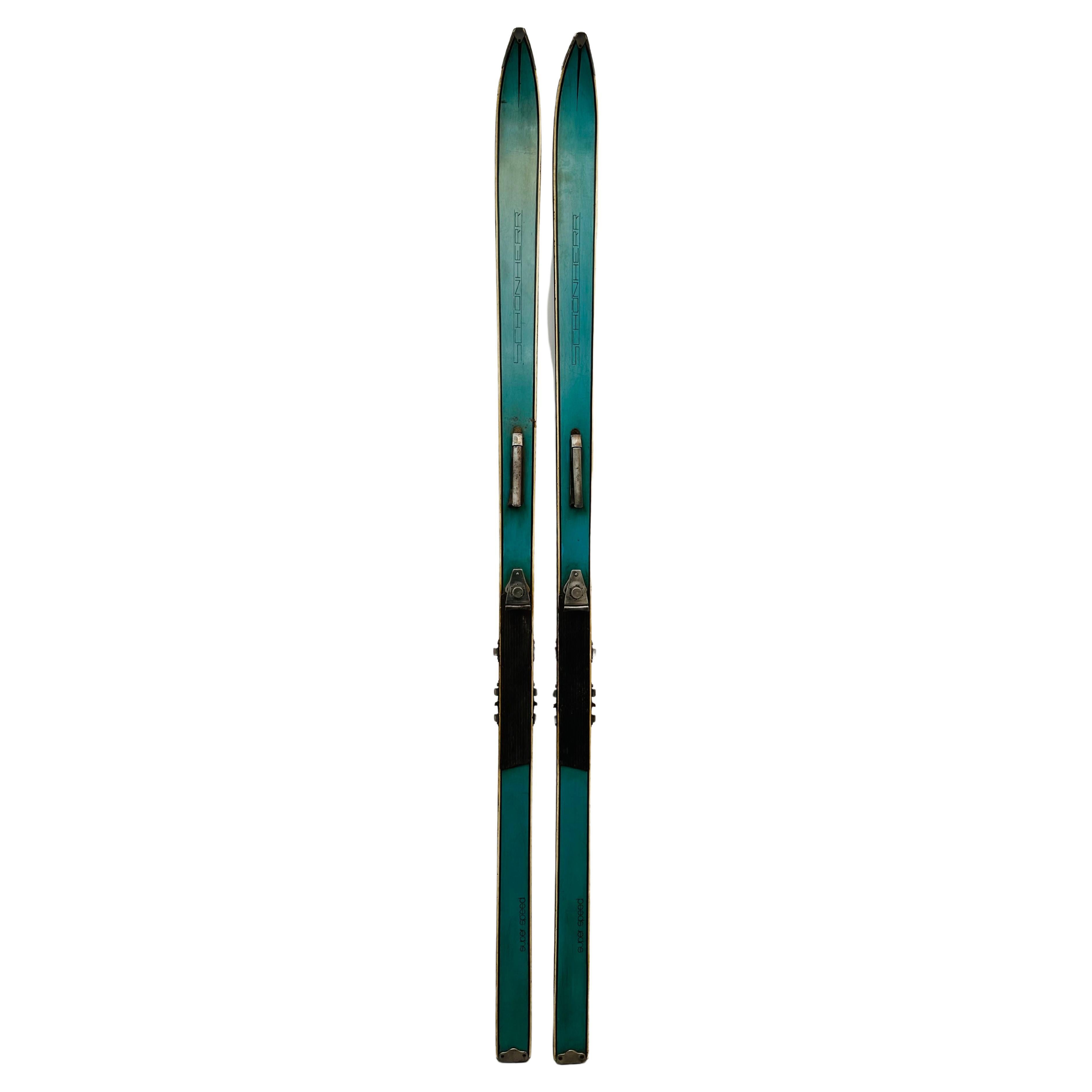 Pair of Vintage 1950s German Schonherr Superspeed Wooden Skis with Bindings For Sale