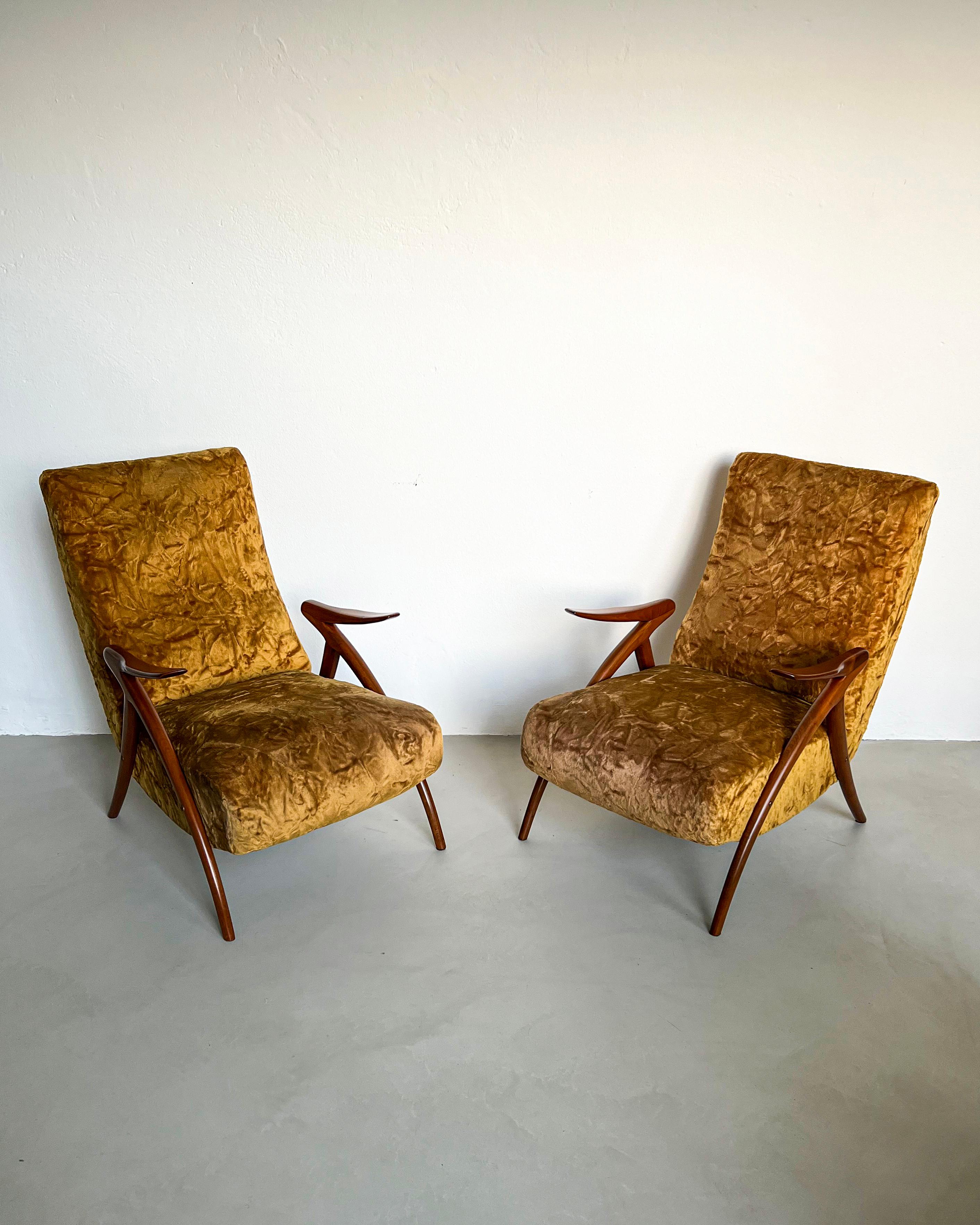 Mid-Century Modern Pair of Vintage 1950s Italian Armchairs with Wood Legs and Yellow Fur Upholstery