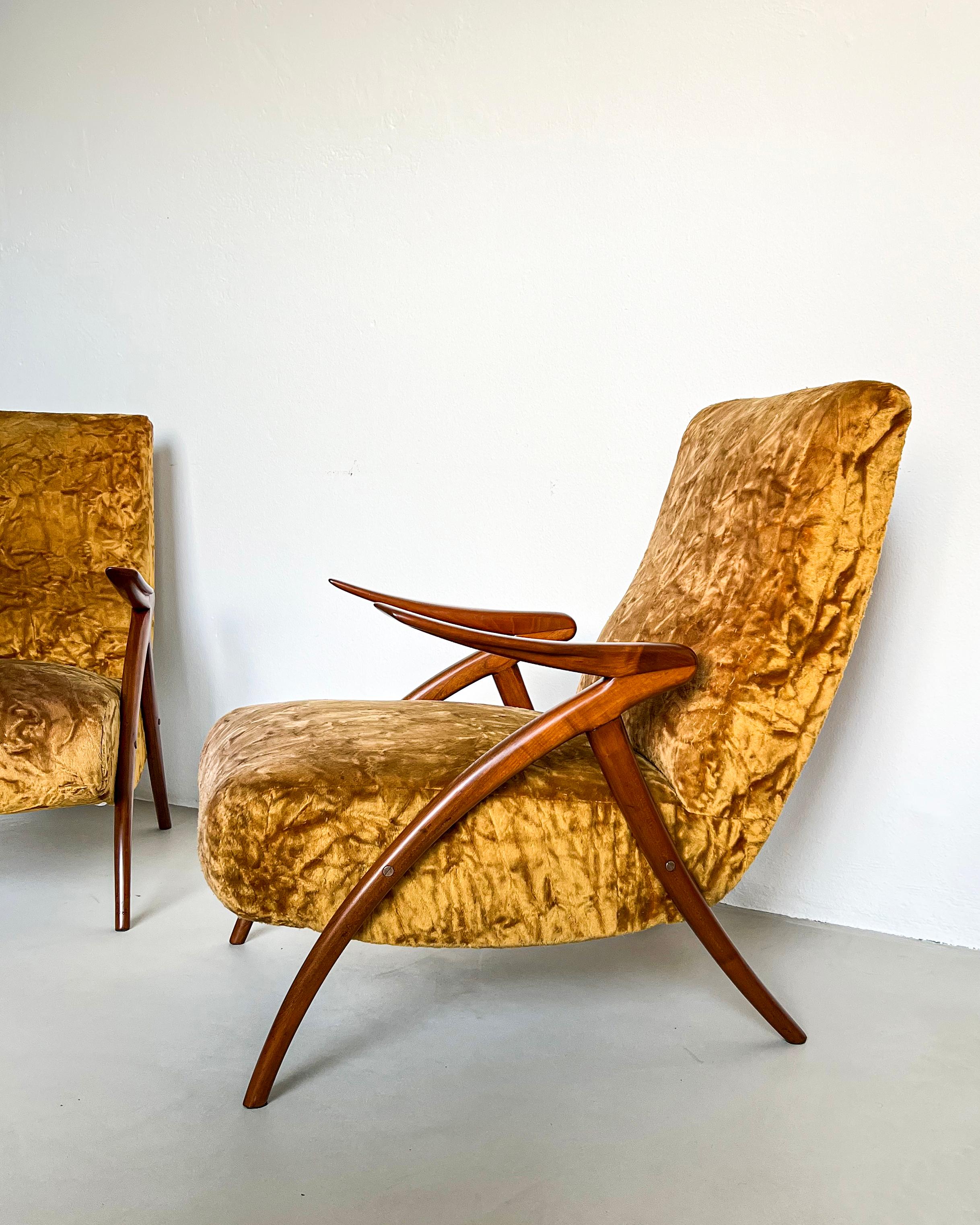 Mid-20th Century Pair of Vintage 1950s Italian Armchairs with Wood Legs and Yellow Fur Upholstery