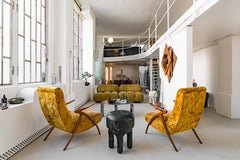 Pair of Vintage 1950s Italian Armchairs with Wood Legs and Yellow Fur Upholstery