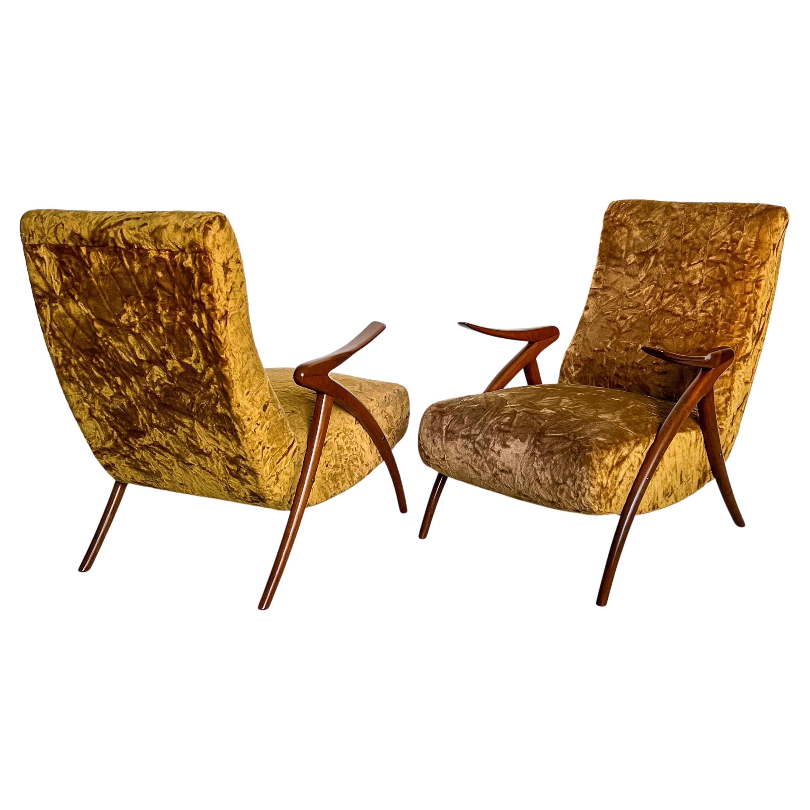 Pair of Vintage 1950s Italian Armchairs with Wood Legs and Yellow Fur Upholstery For Sale