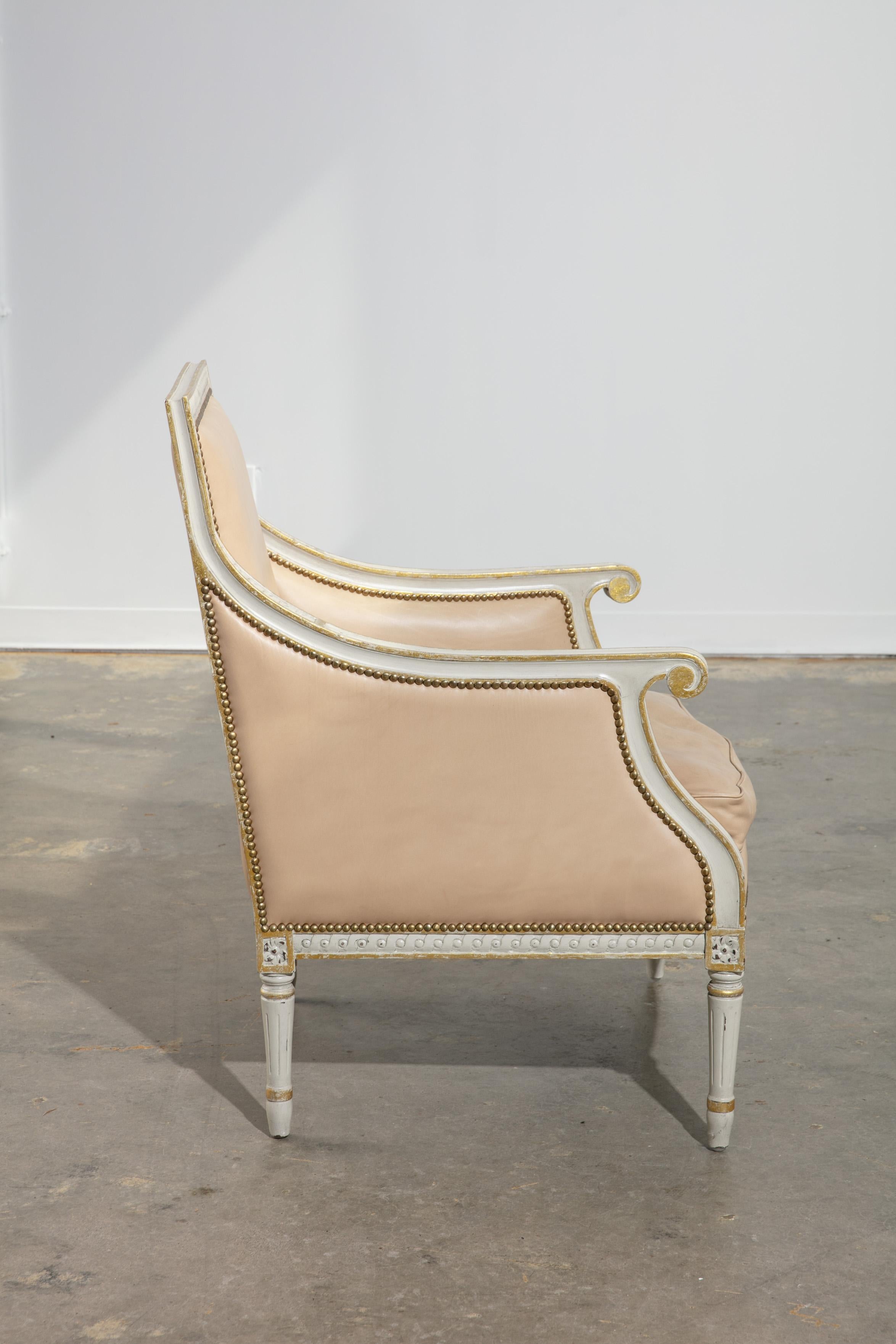 Louis XVI Pair of Vintage 1950's Leather and Carved Wood Armchairs with Gold Details For Sale