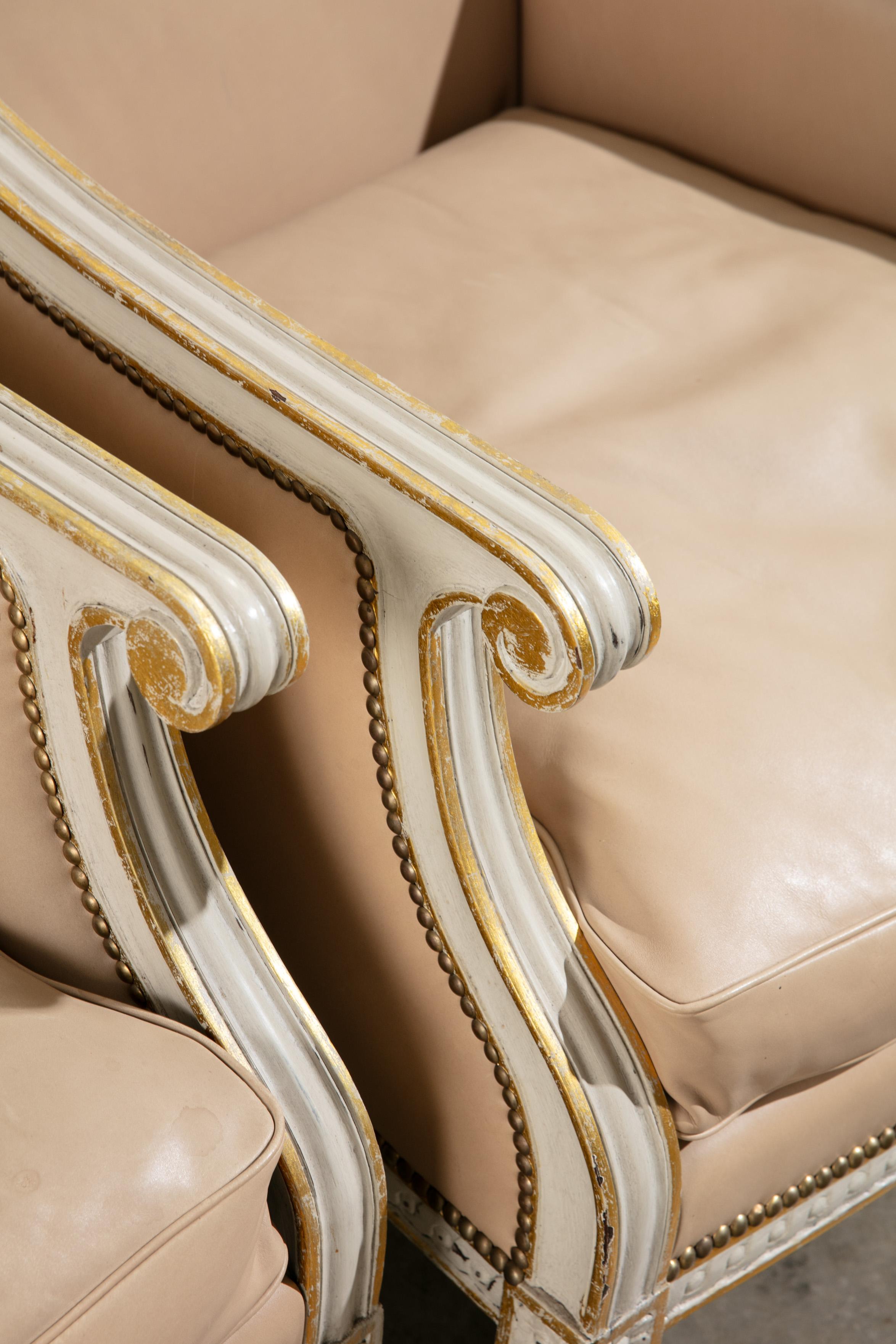Pair of Vintage 1950's Leather and Carved Wood Armchairs with Gold Details For Sale 1