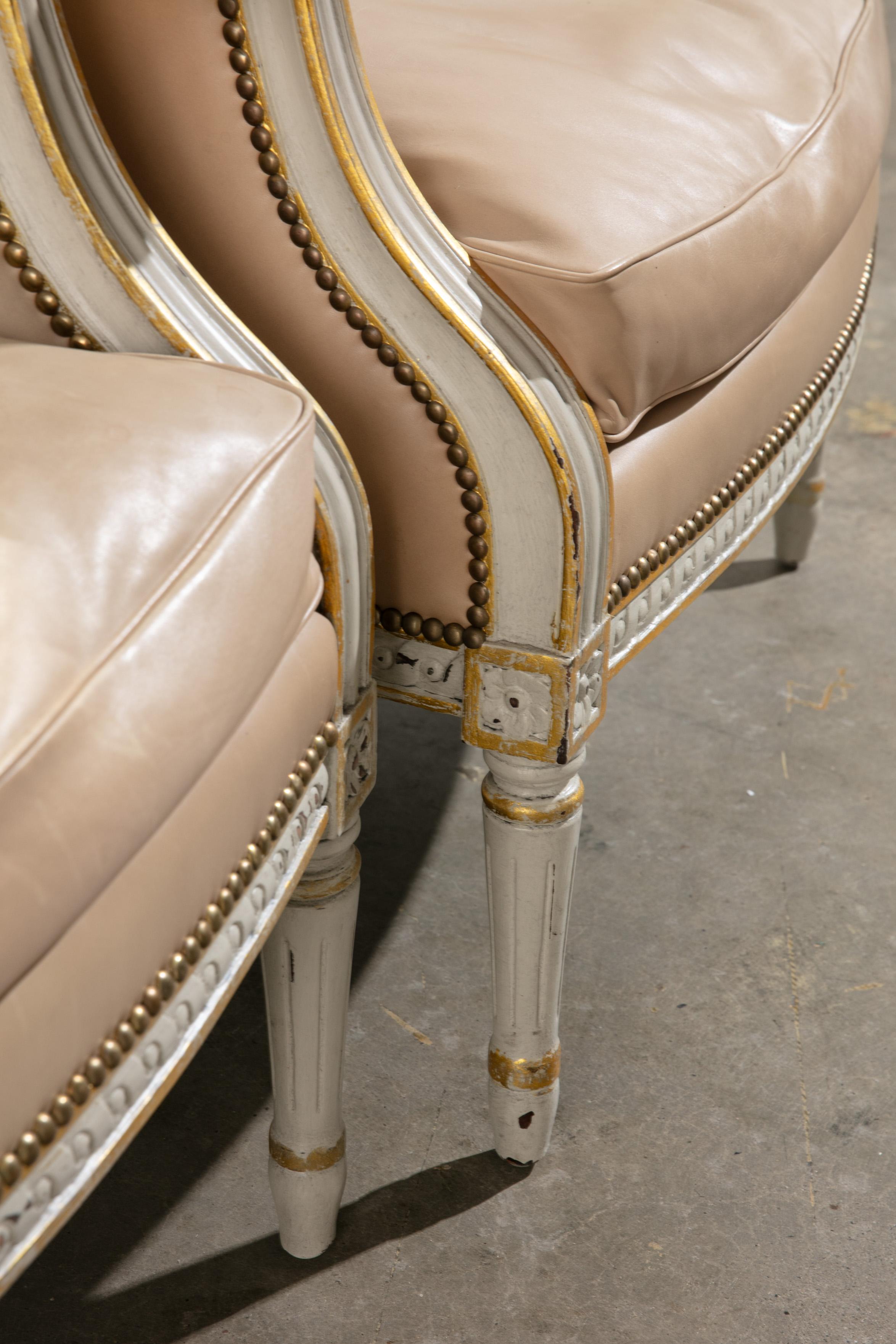 Pair of Vintage 1950's Leather and Carved Wood Armchairs with Gold Details For Sale 2