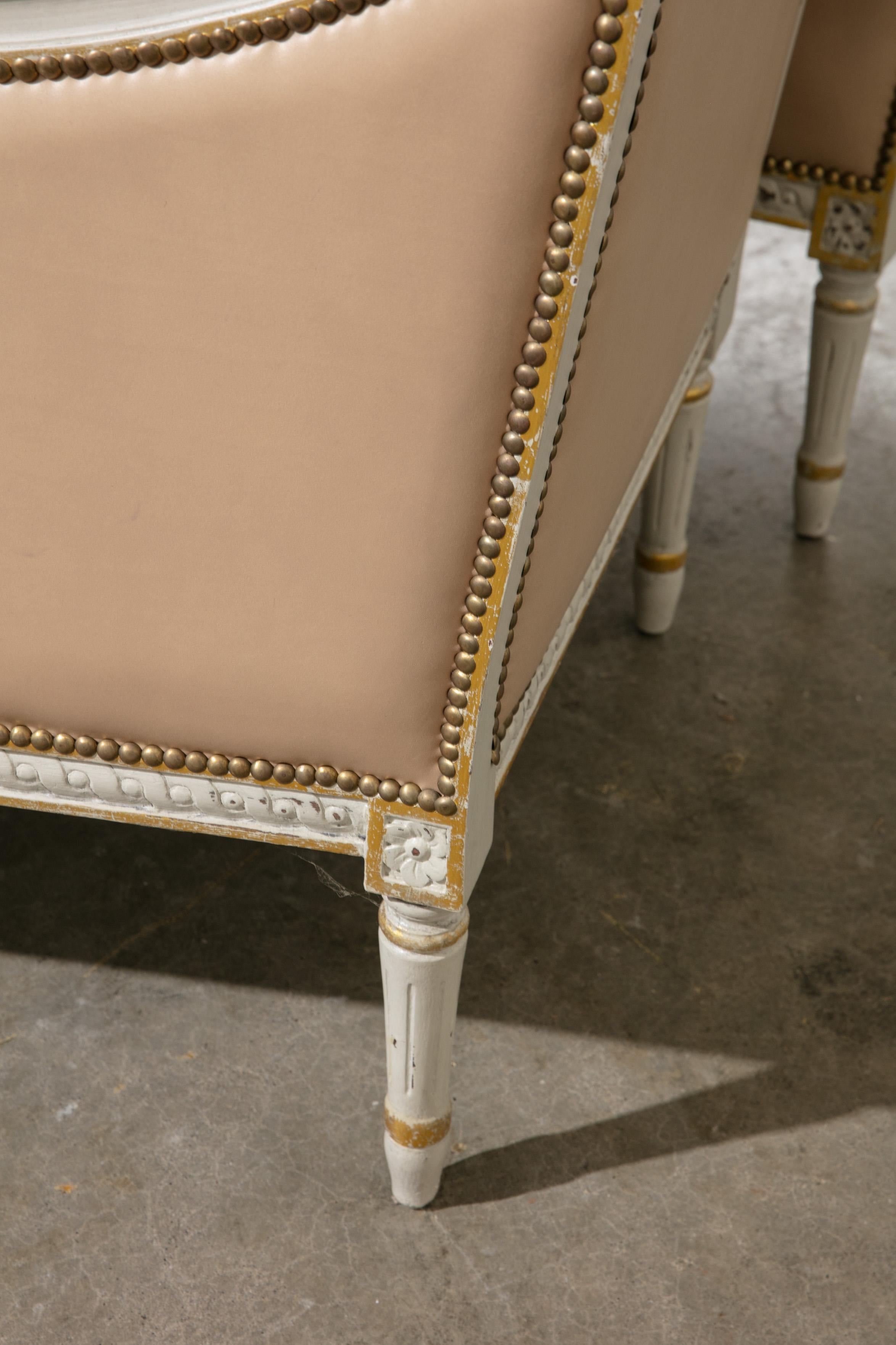 Pair of Vintage 1950's Leather and Carved Wood Armchairs with Gold Details For Sale 3