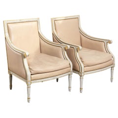 Pair of Vintage 1950's Leather and Carved Wood Armchairs with Gold Details