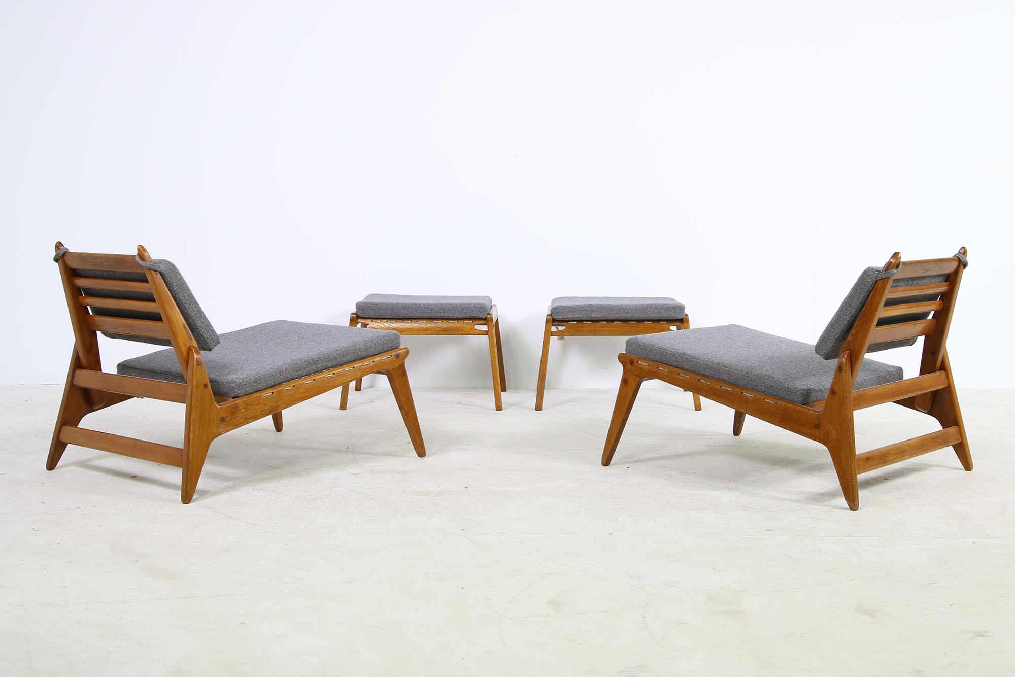 Danish Pair of Vintage 1950s Oak Easy Chairs and Ottomans East Germany Hunting Chairs For Sale