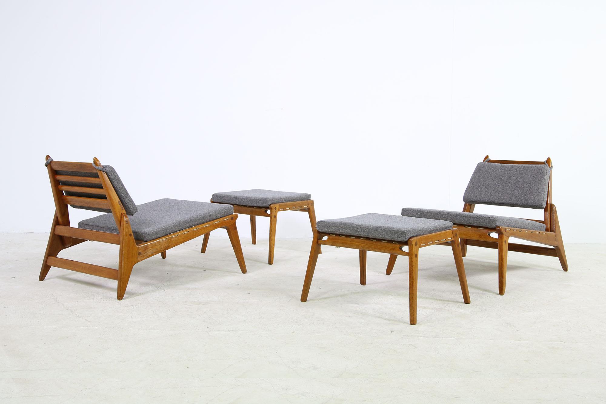 Pair of Vintage 1950s Oak Easy Chairs and Ottomans East Germany Hunting Chairs For Sale 1