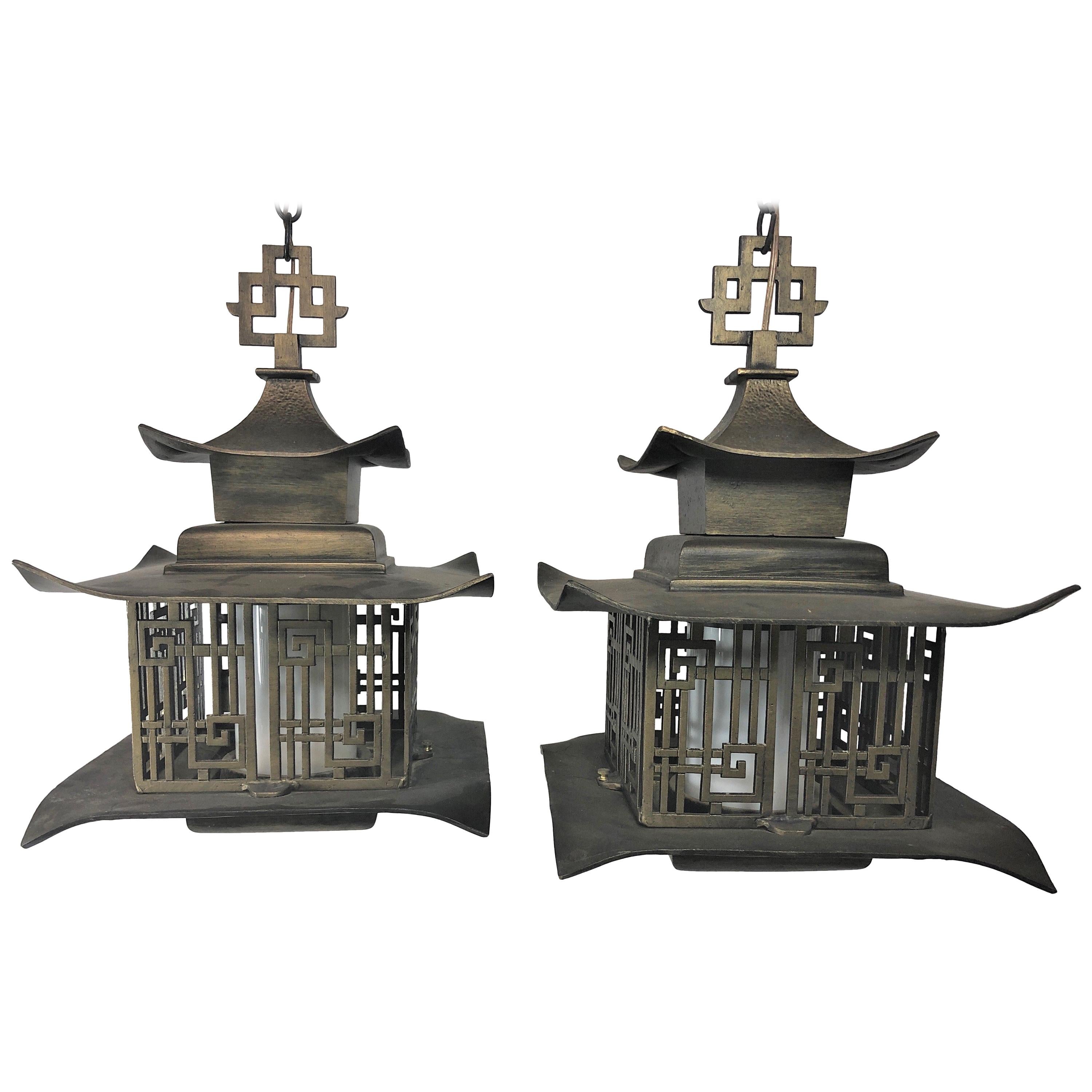 Pair of Vintage 1960s Chinese Pagoda Lantern Chandeliers