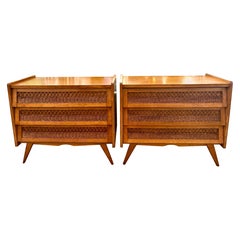 Pair of Vintage 1960's French Riviera Oak and Wicker Chest of Drawers