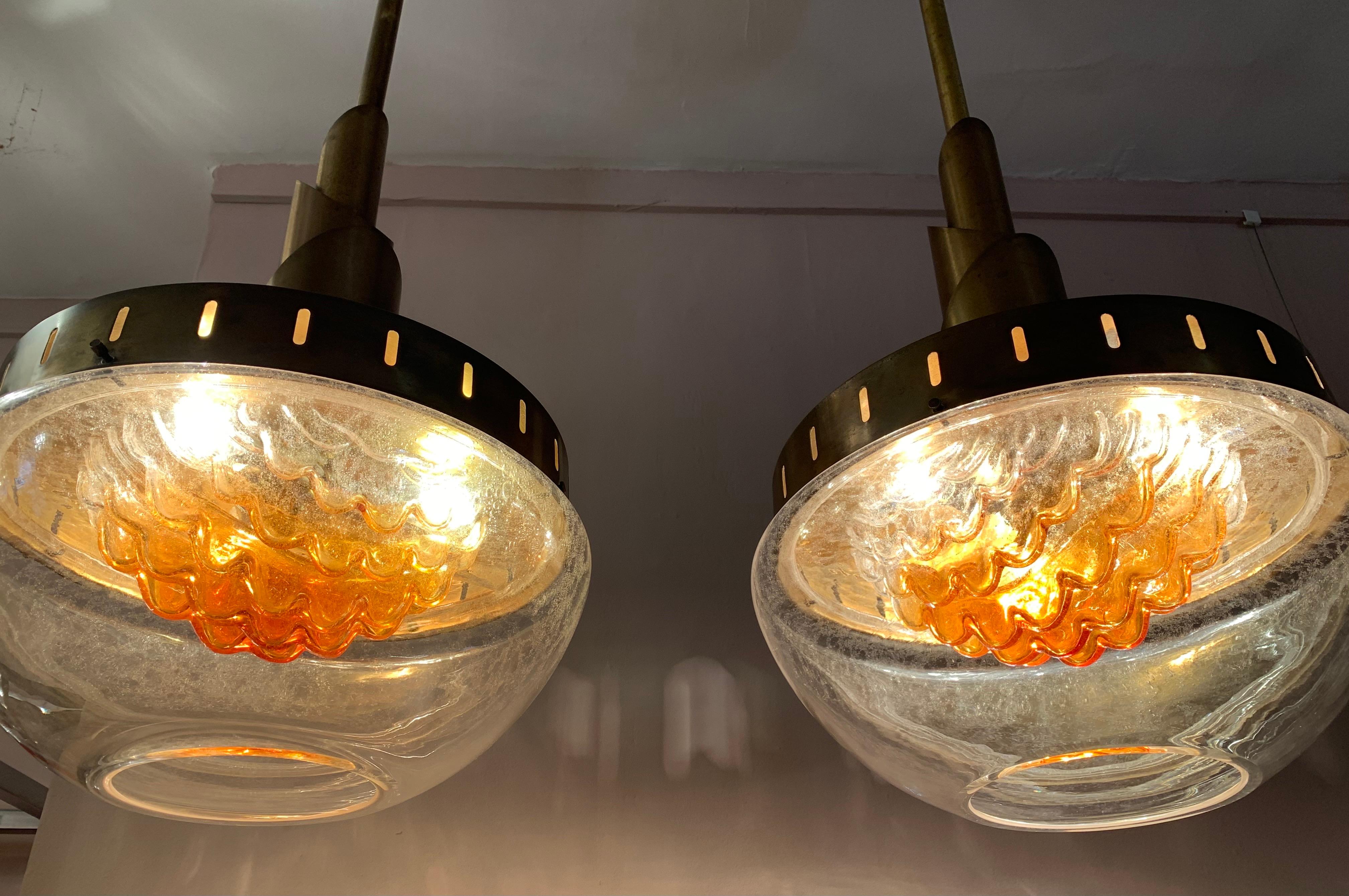 Italian Pair of Vintage 1960s Mazzega Murano Glass Hanging Pendant Lights by Carlo Nason