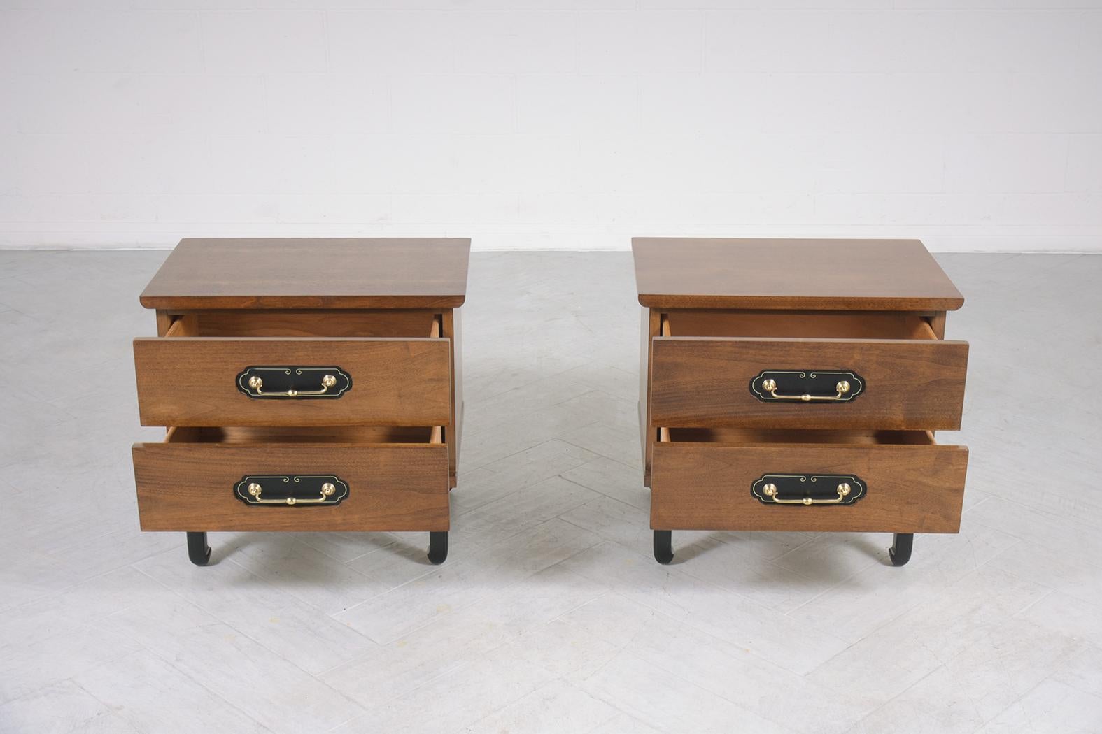Vintage American of Martinsville Walnut Nightstands with Leather & Brass Accents For Sale 2