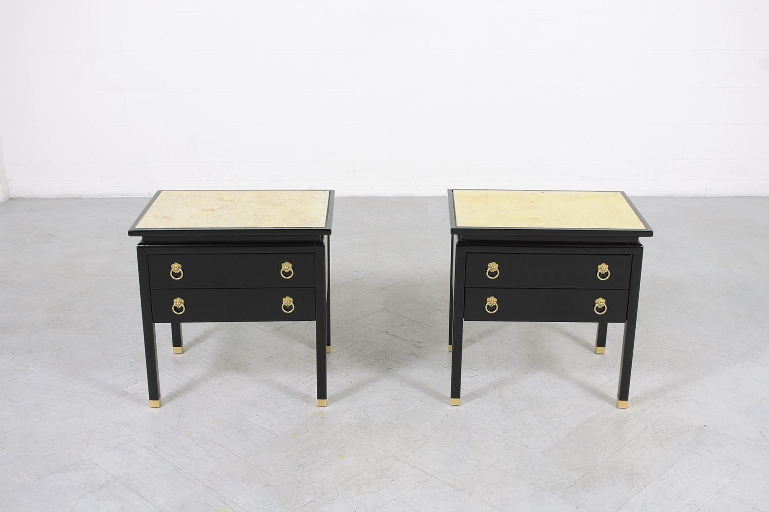 This pair of American of Martinsville Mid-Century Modern bedside tables are in great condition beautifully hand-crafted out of walnut and completely restored and refinished by our professional craftsmen team, this pair of fabulous pair of 1960s
