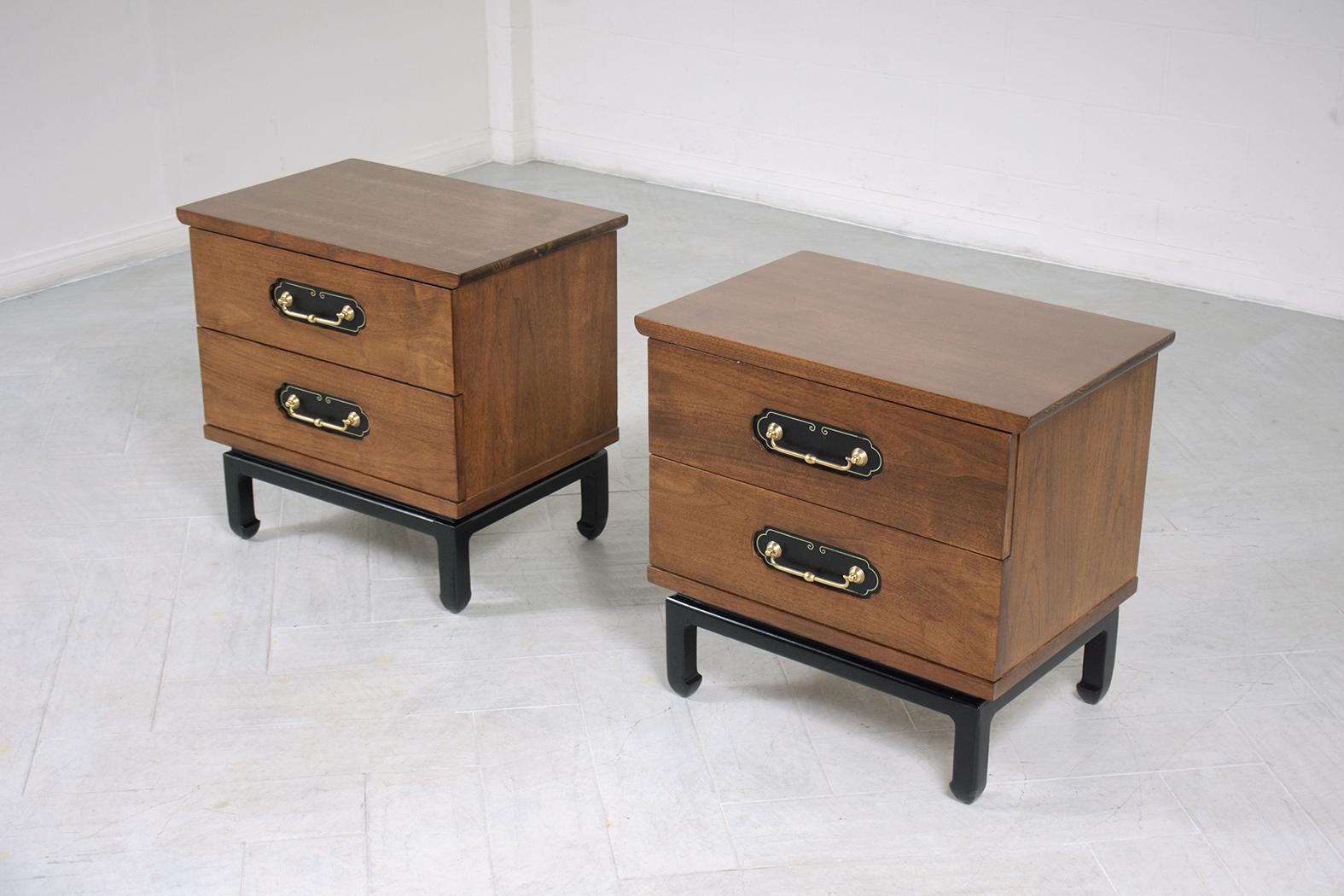 Stained Vintage American of Martinsville Walnut Nightstands with Leather & Brass Accents For Sale