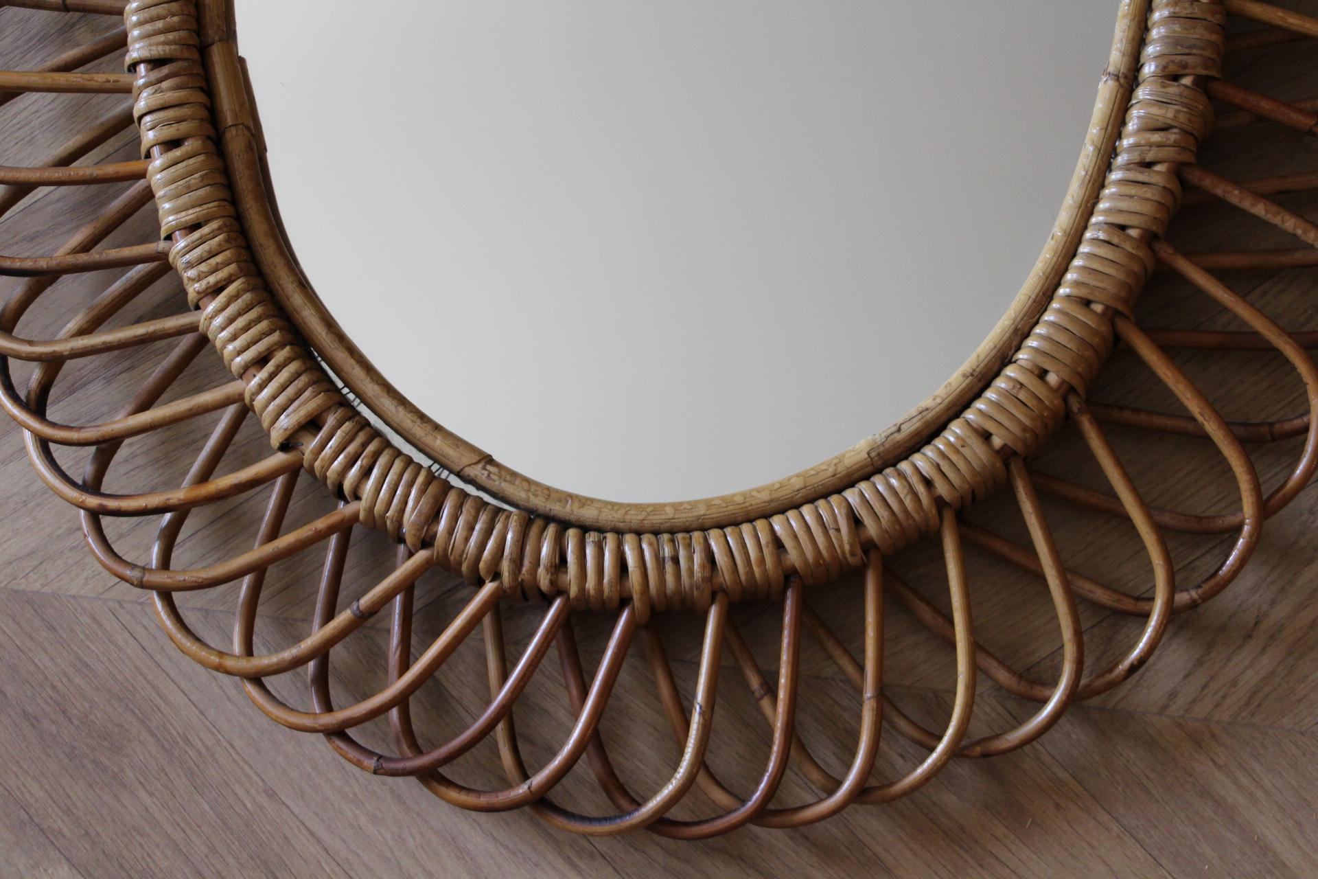 Pair of Vintage 1960s Rattan and Bamboo Round Wall Mirror by Franco Albini For Sale 4