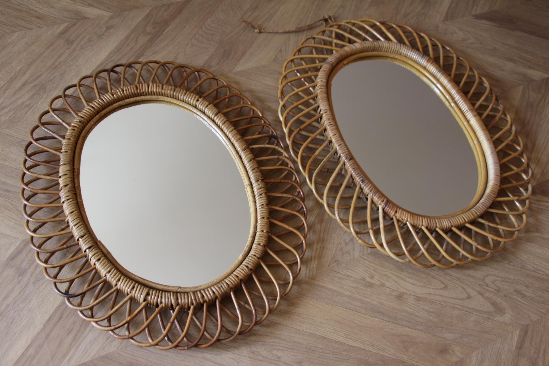 Pair of Vintage 1960s Rattan and Bamboo Round Wall Mirror by Franco Albini For Sale 6