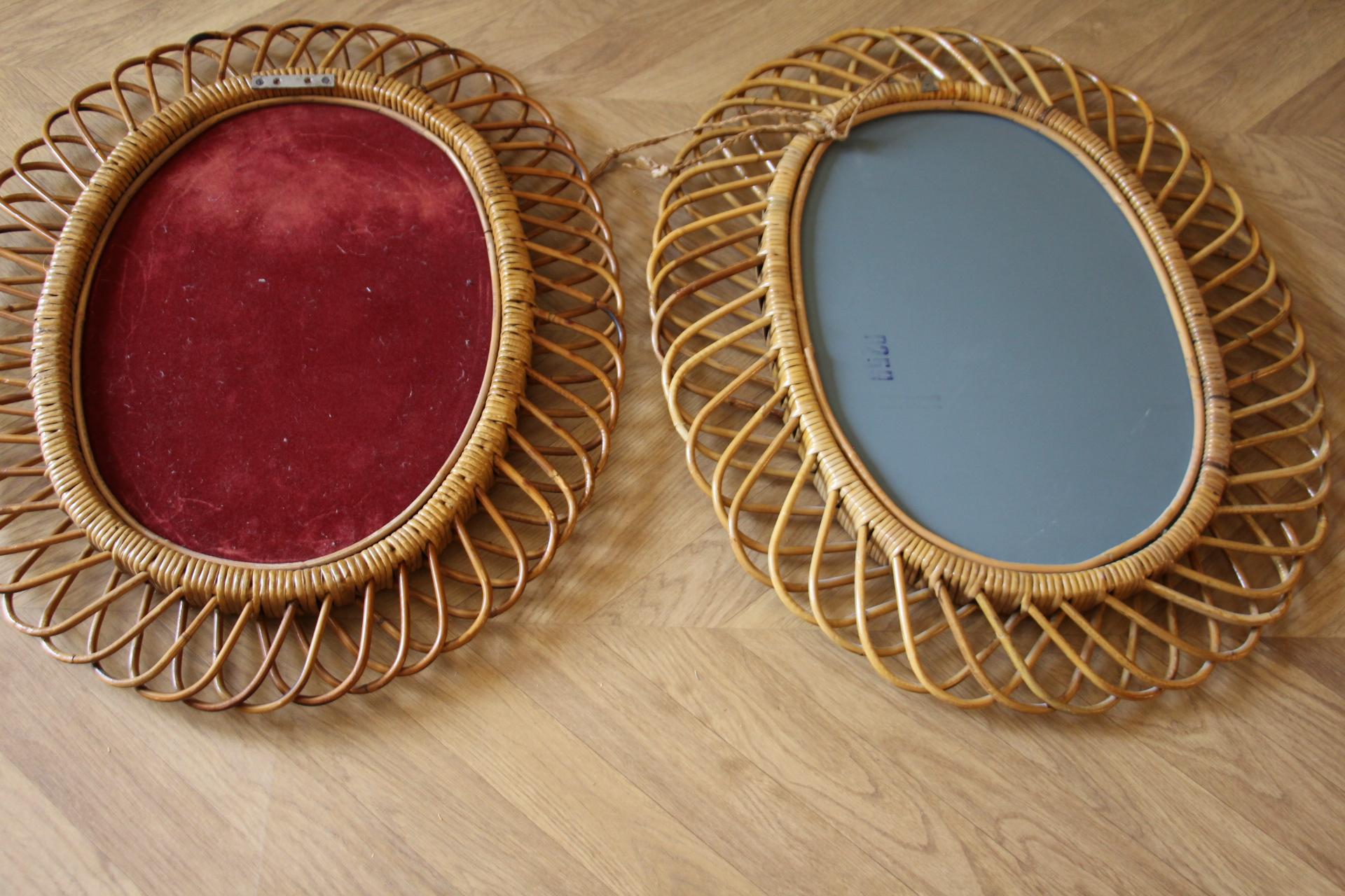 Pair of Vintage 1960s Rattan and Bamboo Round Wall Mirror by Franco Albini For Sale 8