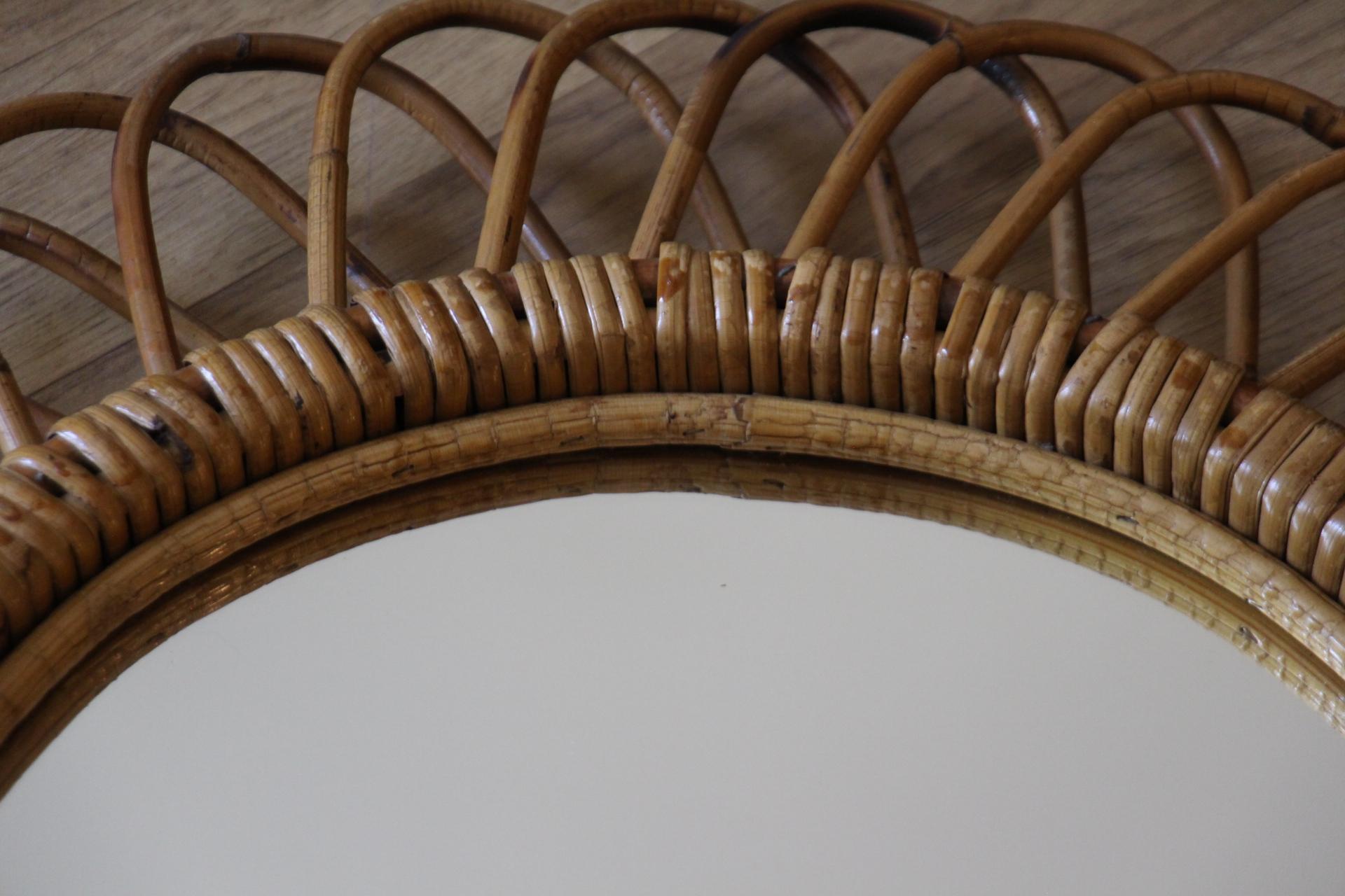 Pair of Vintage 1960s Rattan and Bamboo Round Wall Mirror by Franco Albini For Sale 11