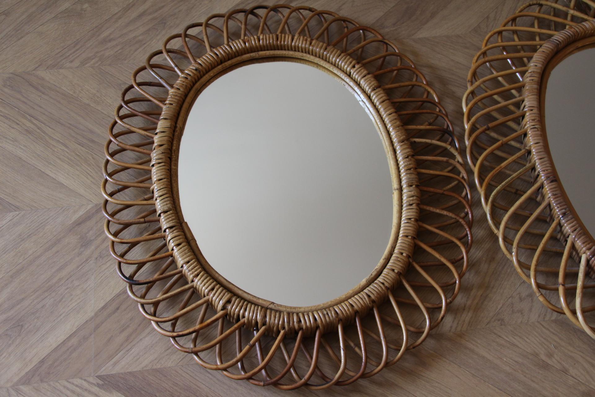 Italian Pair of Vintage 1960s Rattan and Bamboo Round Wall Mirror by Franco Albini For Sale