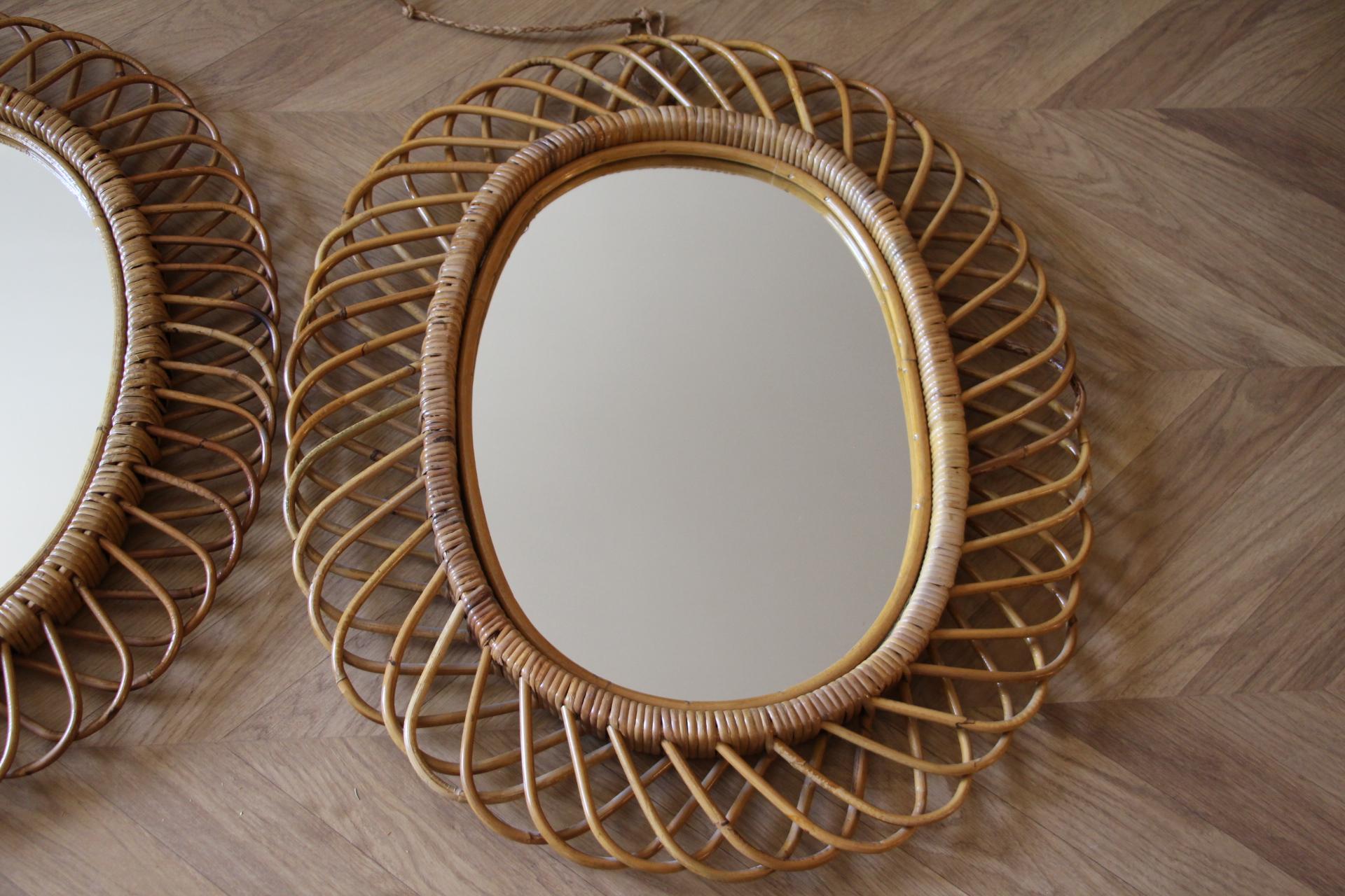 Pair of Vintage 1960s Rattan and Bamboo Round Wall Mirror by Franco Albini In Good Condition For Sale In Saint-Ouen, FR