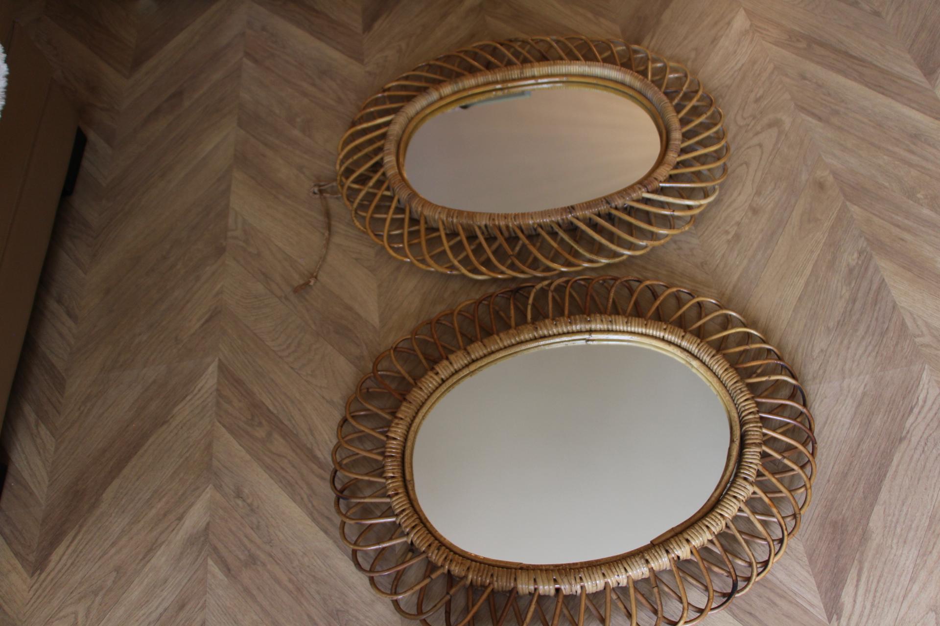Pair of Vintage 1960s Rattan and Bamboo Round Wall Mirror by Franco Albini For Sale 2