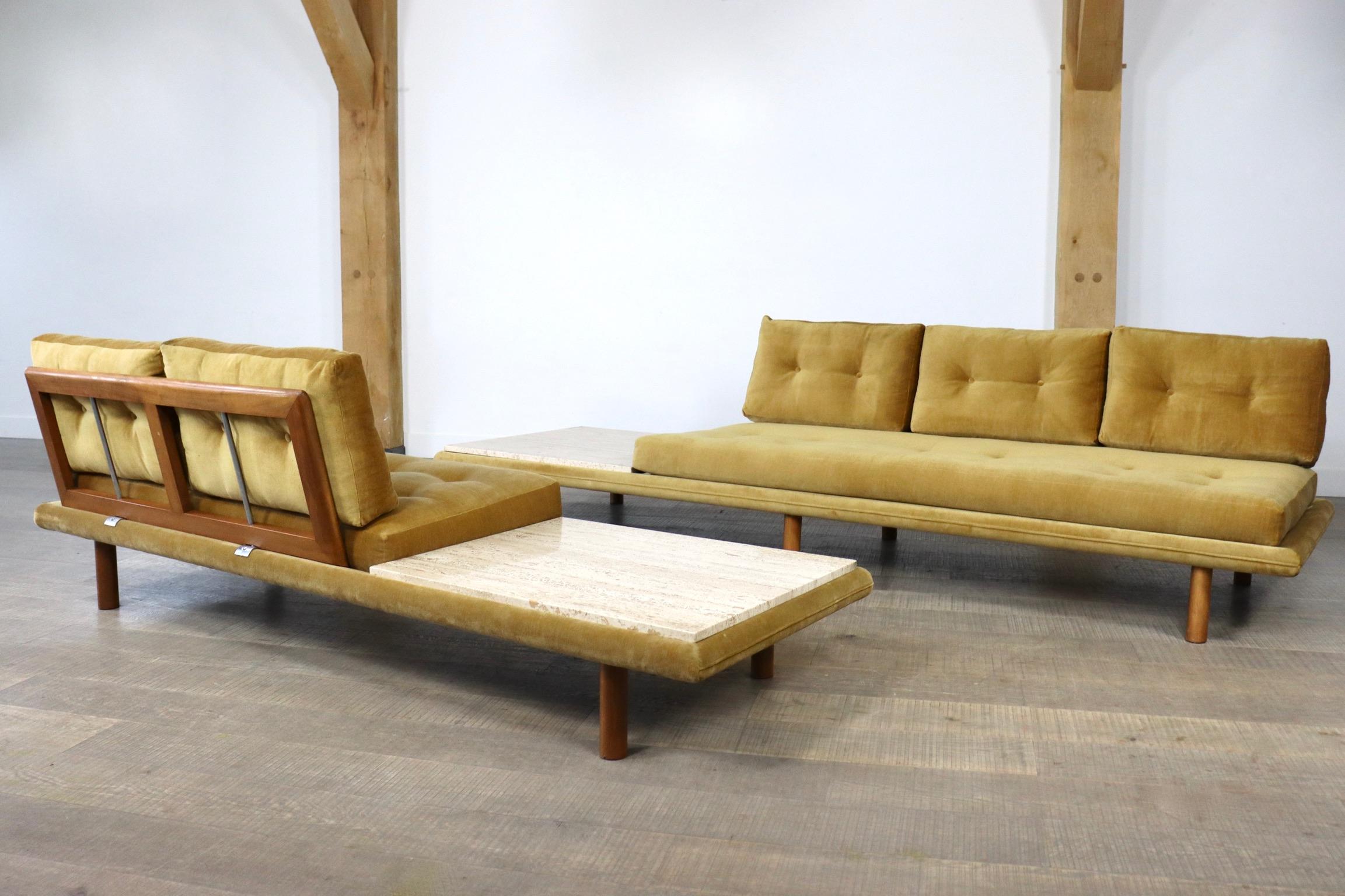 Pair of 1960s designer sofas / daybeds by Franz Köttgen for Kill International, model 6603.

This vintage set consists of a 3-seater sofa and a 2-seater sofa with original velor upholstery in yellow / green mustard color. Both sofas have an