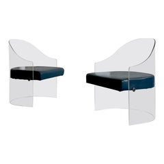 Pair of Vintage 1970s Acrylic Glass and Blue Leatherette Barrel Armchairs
