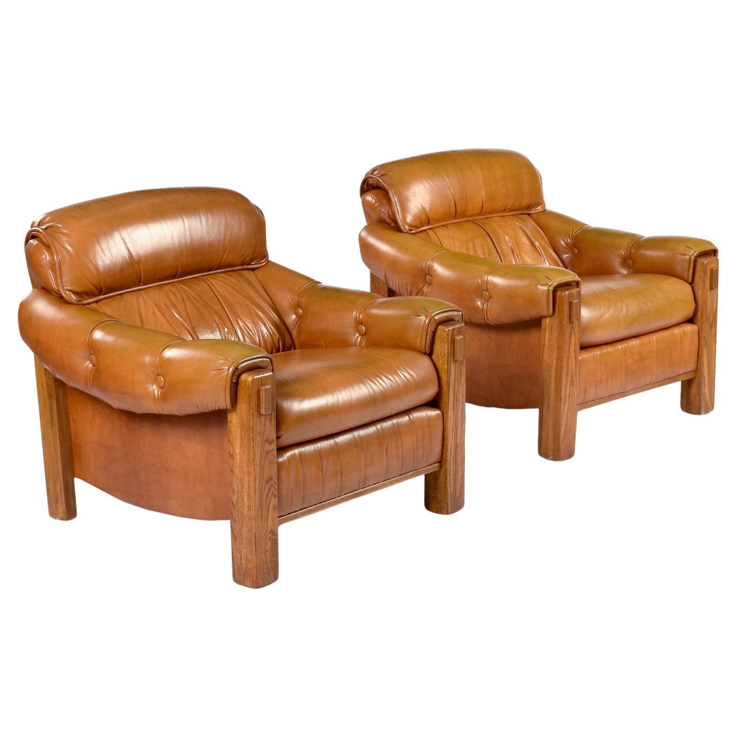 Pair of Vintage 1970s Ample Butterscotch Brown and Oak Tufted Club Chairs For Sale