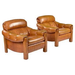 Pair of Vintage 1970s Ample Butterscotch Brown and Oak Tufted Club Chairs