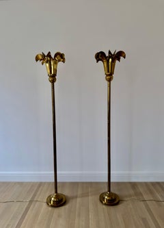 Pair of Vintage 1970s Brass Palm Tree Torchère Floor Lamps by Hart Associates