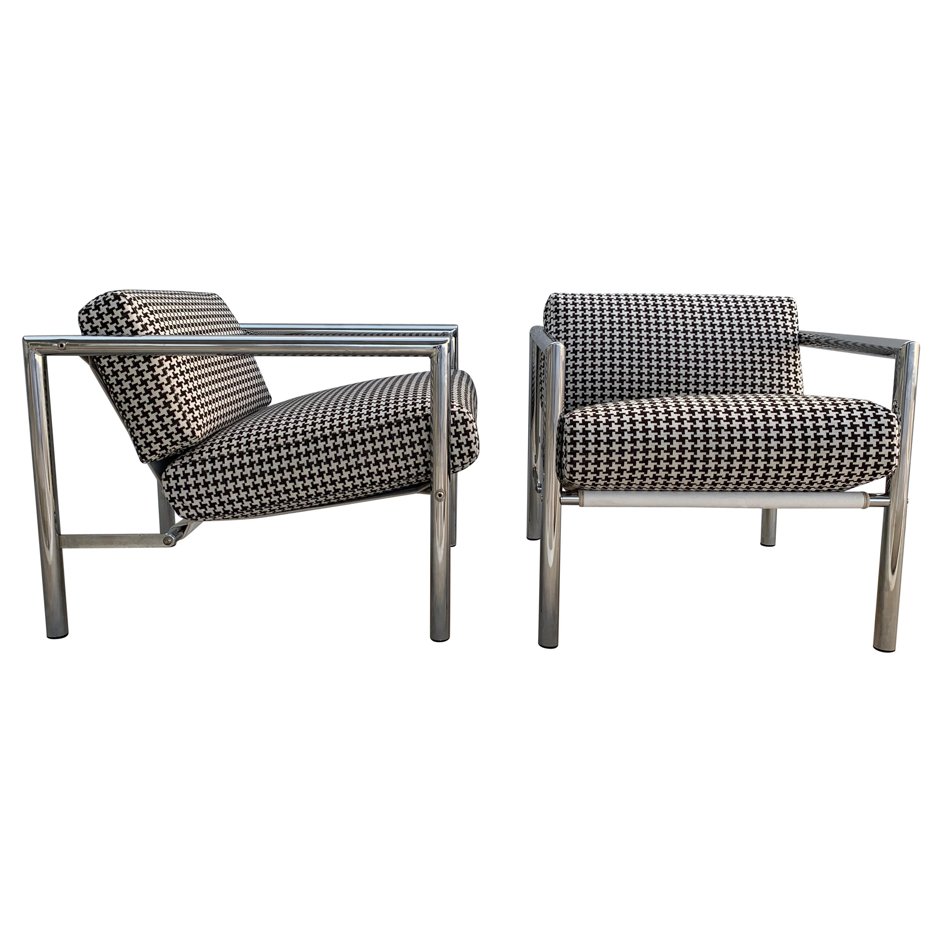 Pair of Vintage 1970s Chrome Chairs in Houndstooth