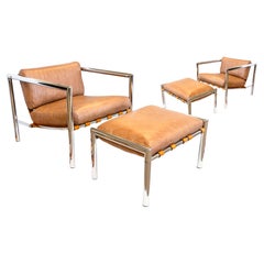 Pair of Vintage 1970s Chrome 
Leather Baughman Style Lounge Chairs and Ottomans