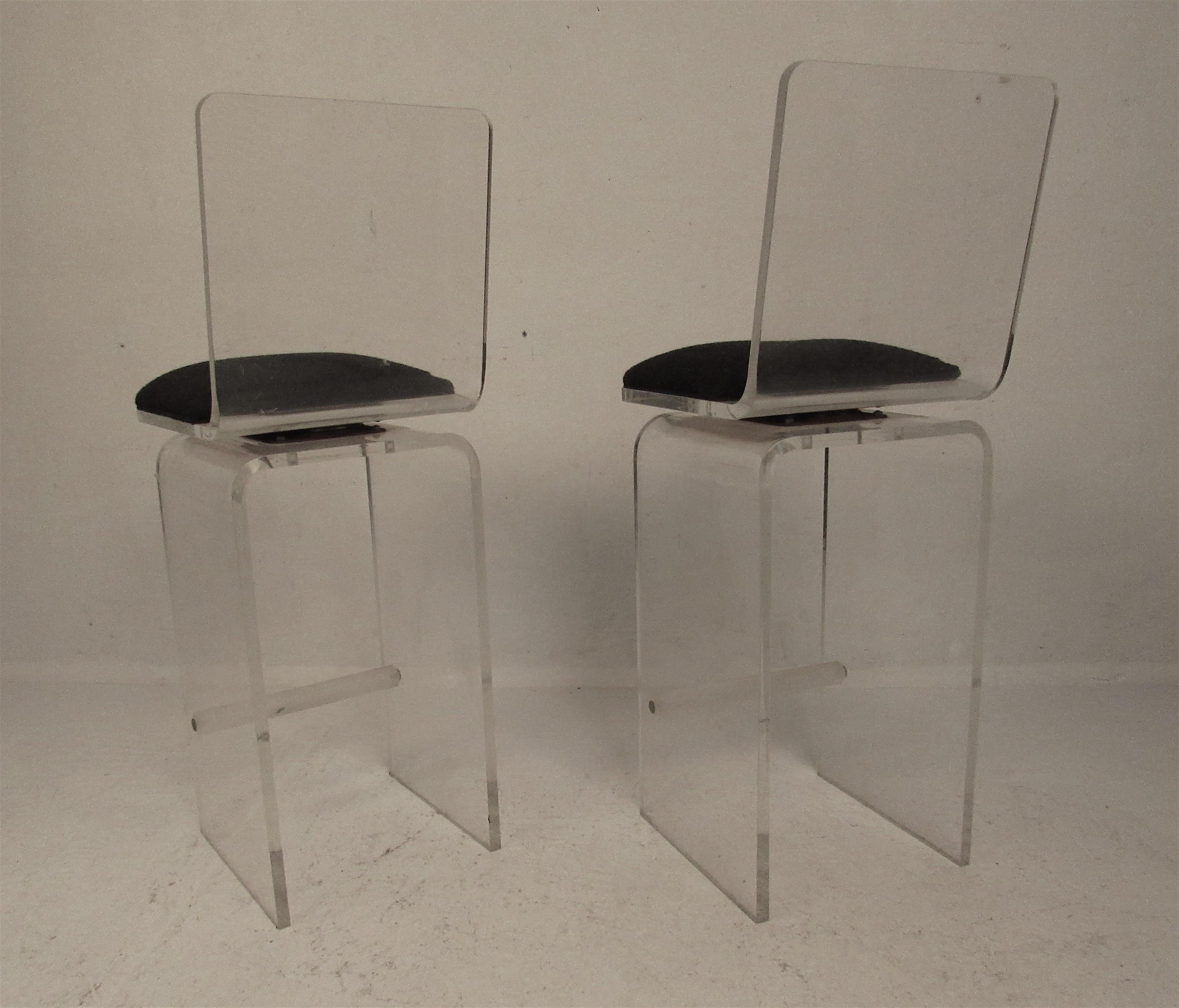 Upholstery Pair of Vintage 1970s Lucite Swivel Bar Stools