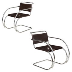 Pair of Vintage 1970s Mies van der Rohe MR20 Leather and Chrome Armchairs