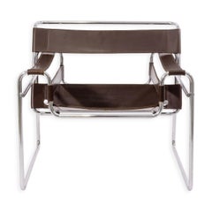 Pair of Vintage 1970s Wassily Style Chocolate Brown Leather & Chrome Arm Chairs