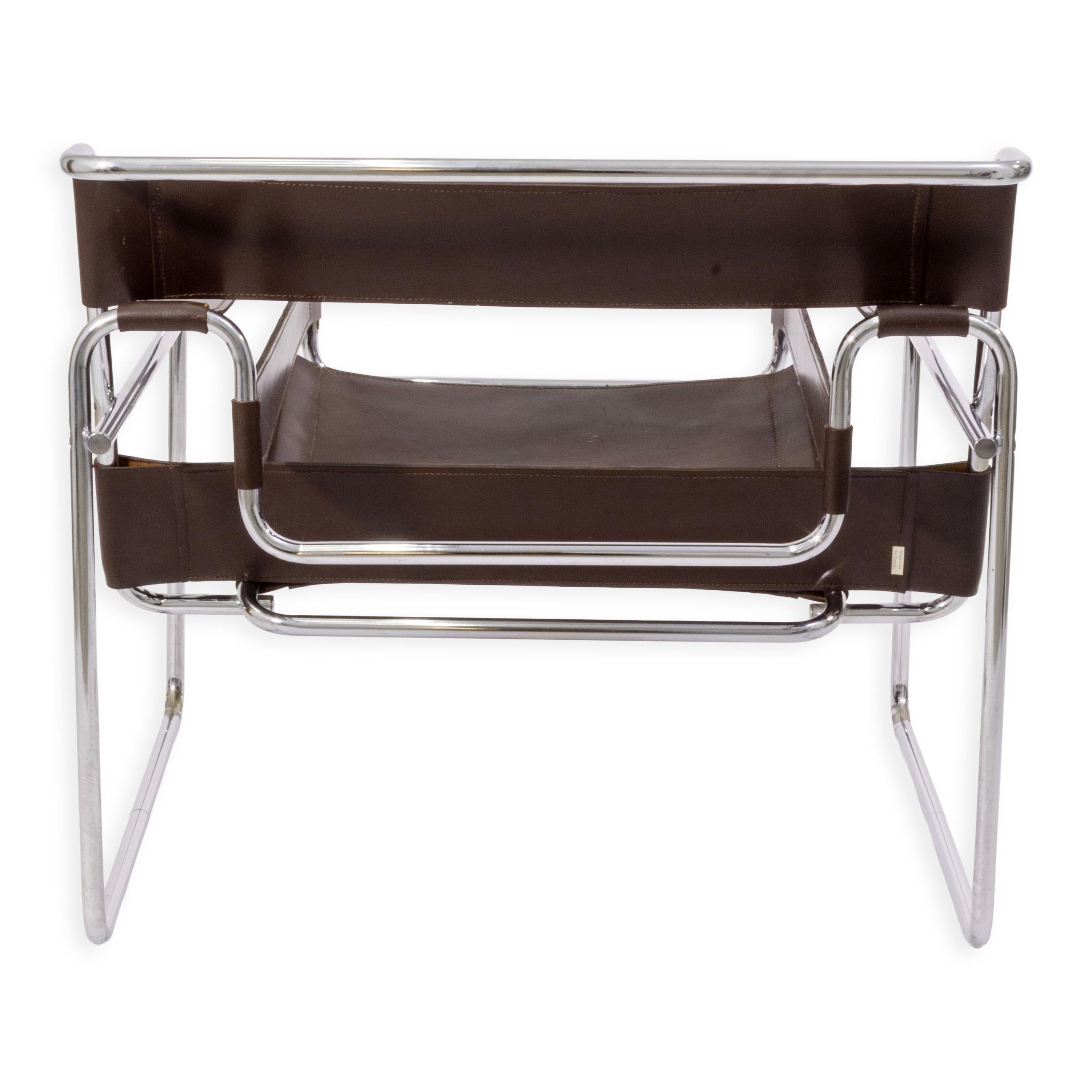 Pareja de sillones vintage de los años 70 estilo Wassily de cuero marrón chocolate y cromados en Bueno estado para la venta en Keego Harbor, MI